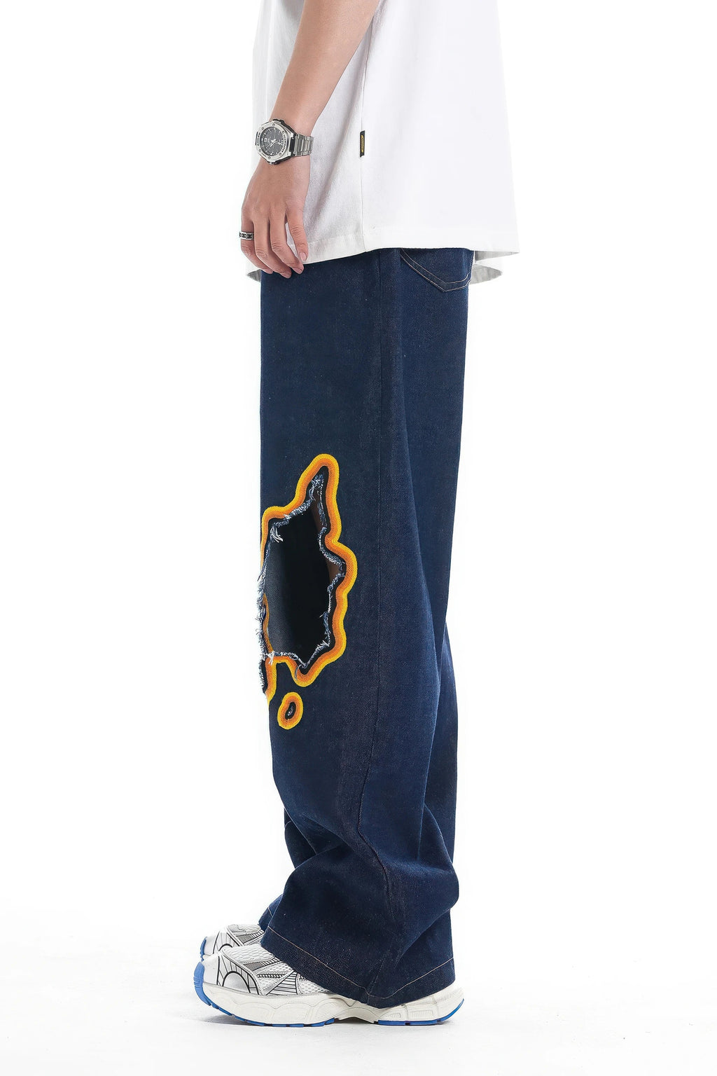 Flame Burnout Distressed Denim Jeans – Bold, Street Style Design