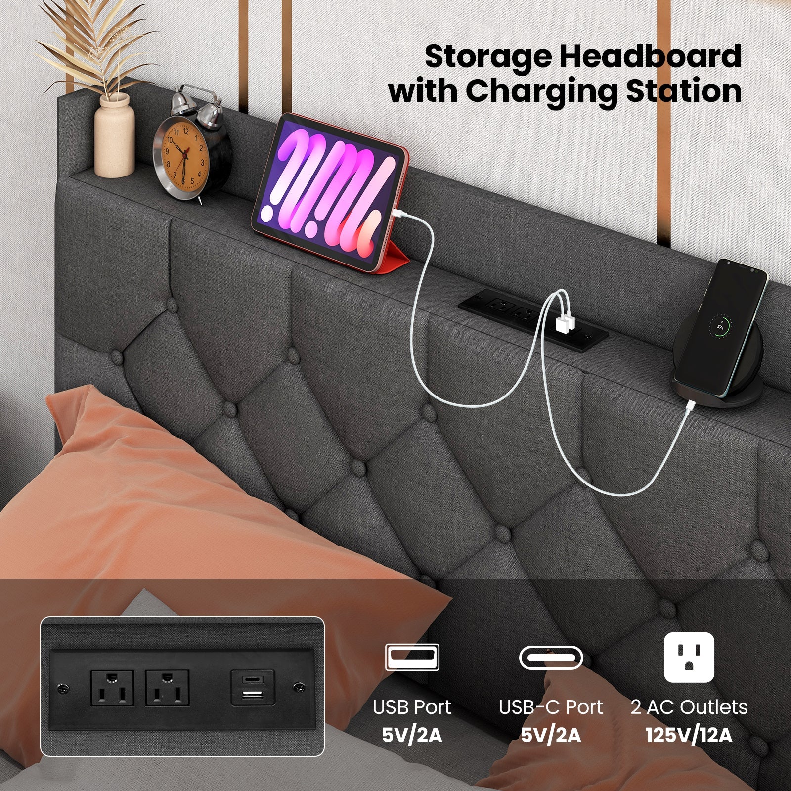 Full/Queen Size Floating Bed Frame with LED and Headboard and Charging Station