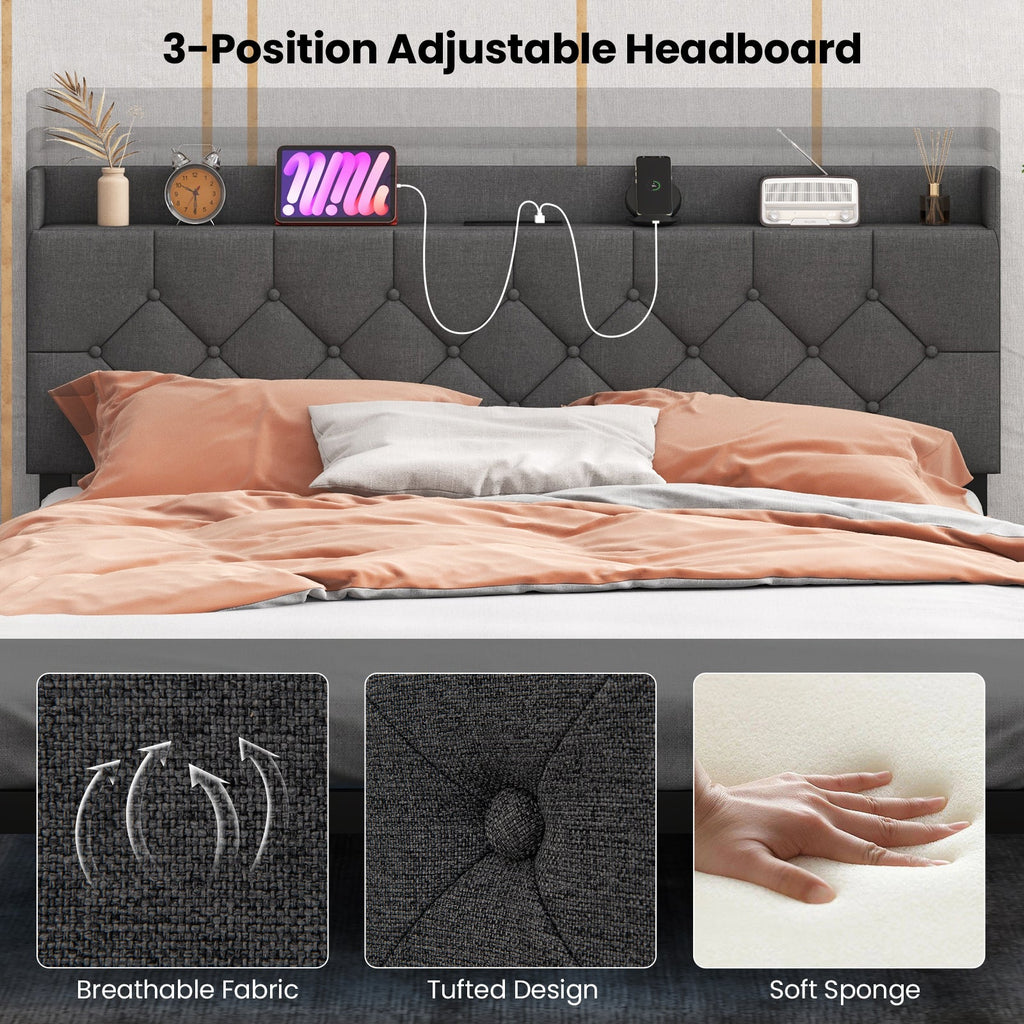 Full/Queen Size Floating Bed Frame with LED and Headboard and Charging Station
