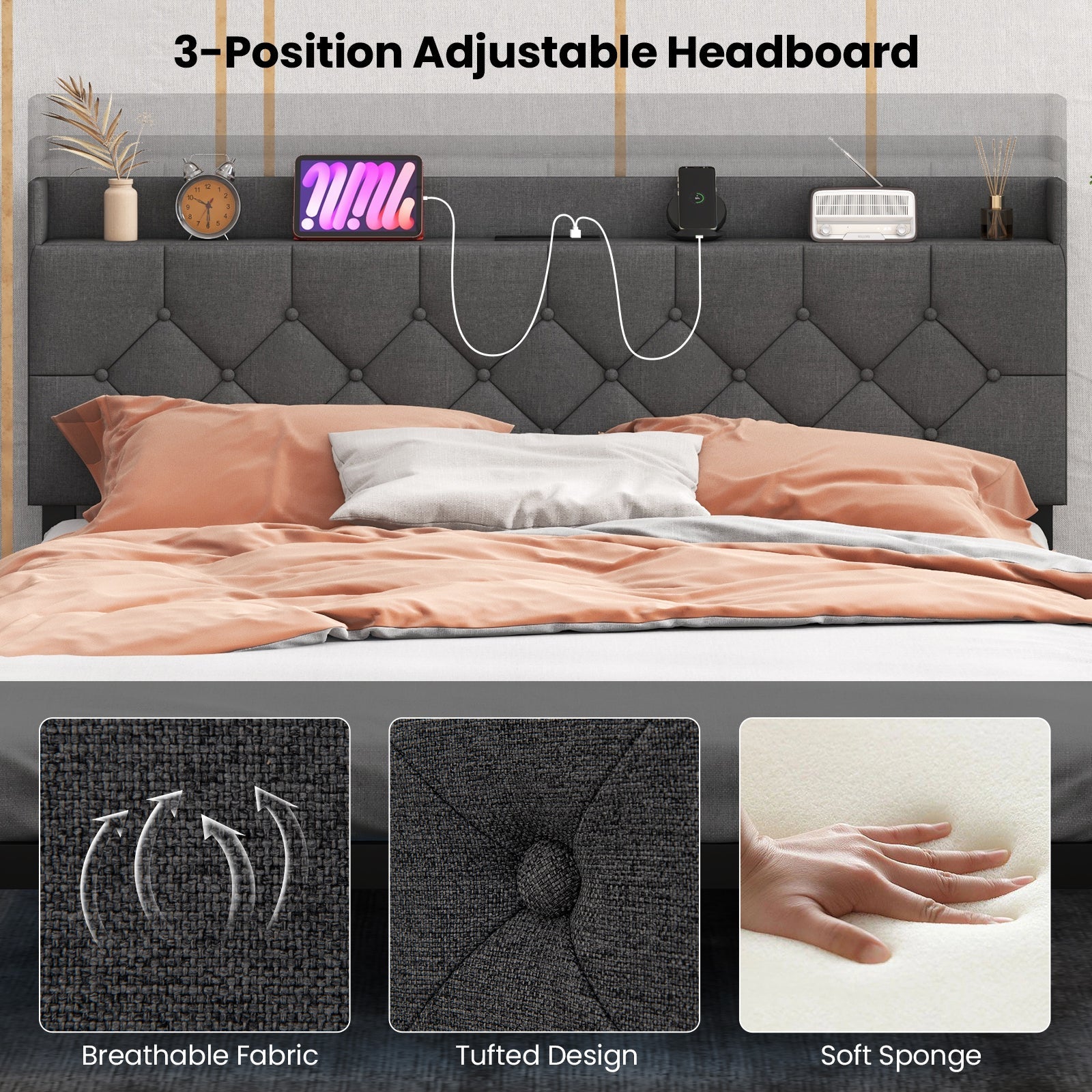 Full/Queen Size Floating Bed Frame with LED and Headboard and Charging Station