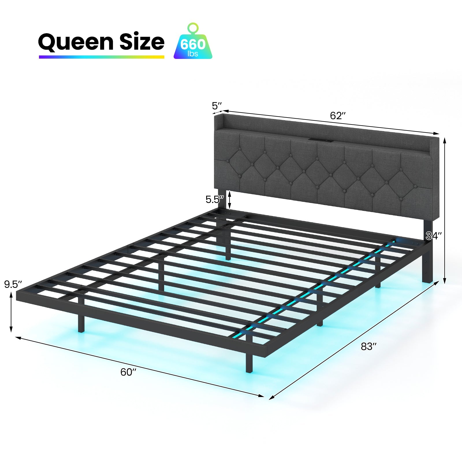Full/Queen Size Floating Bed Frame with LED and Headboard and Charging Station