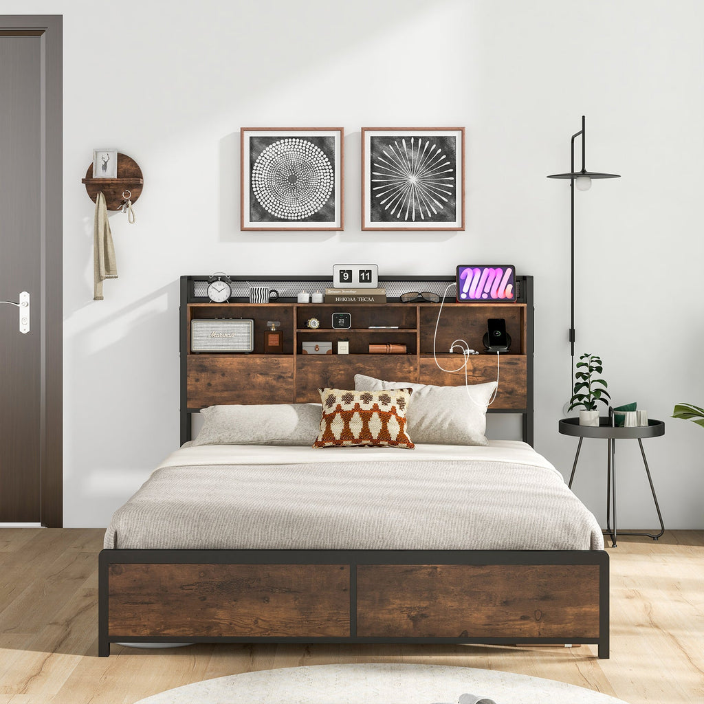 Full/Queen Size Bed Frame with 3-Tier Bookcase Headboard and Charging Station