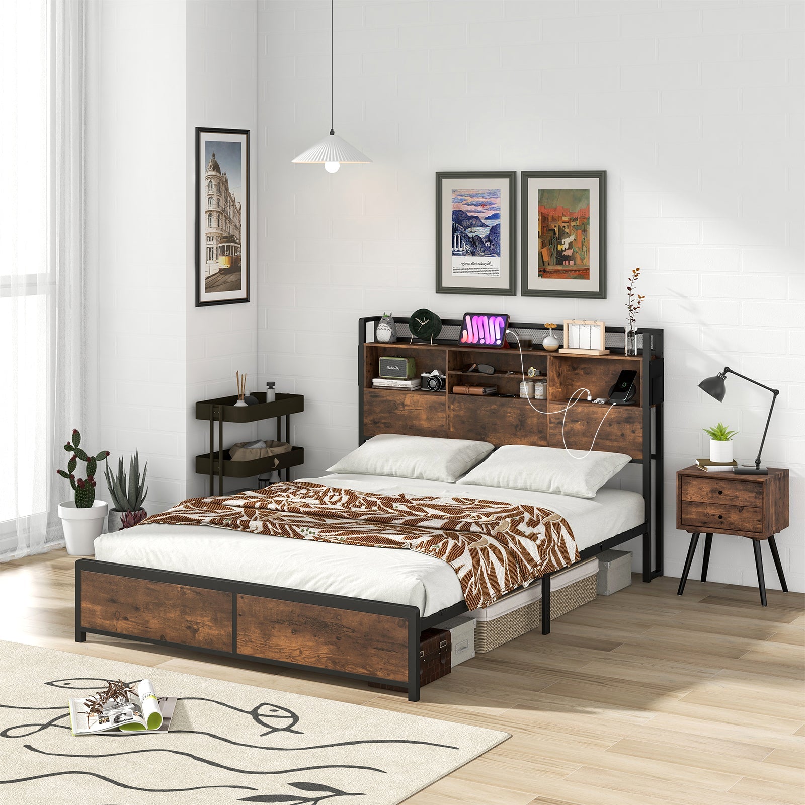 Full/Queen Size Bed Frame with 3-Tier Bookcase Headboard and Charging Station