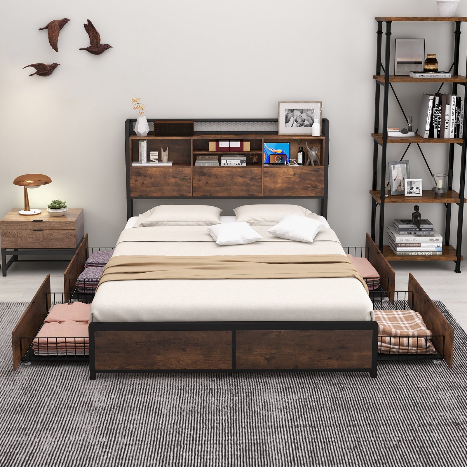 Full/Queen Size Bed Frame with Bookcase Headboard and 4 Storage Drawers