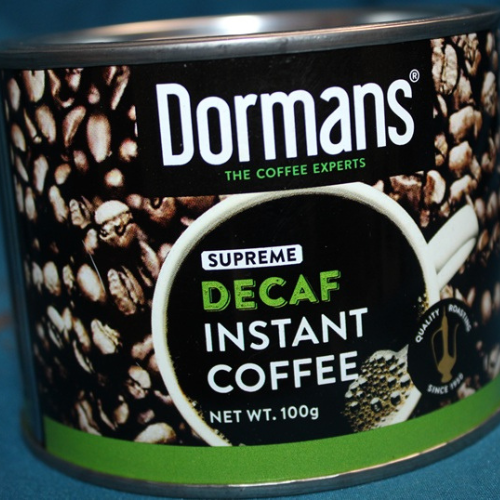 Dormans Supreme Decaf Instant Coffee 100g side angle close up 