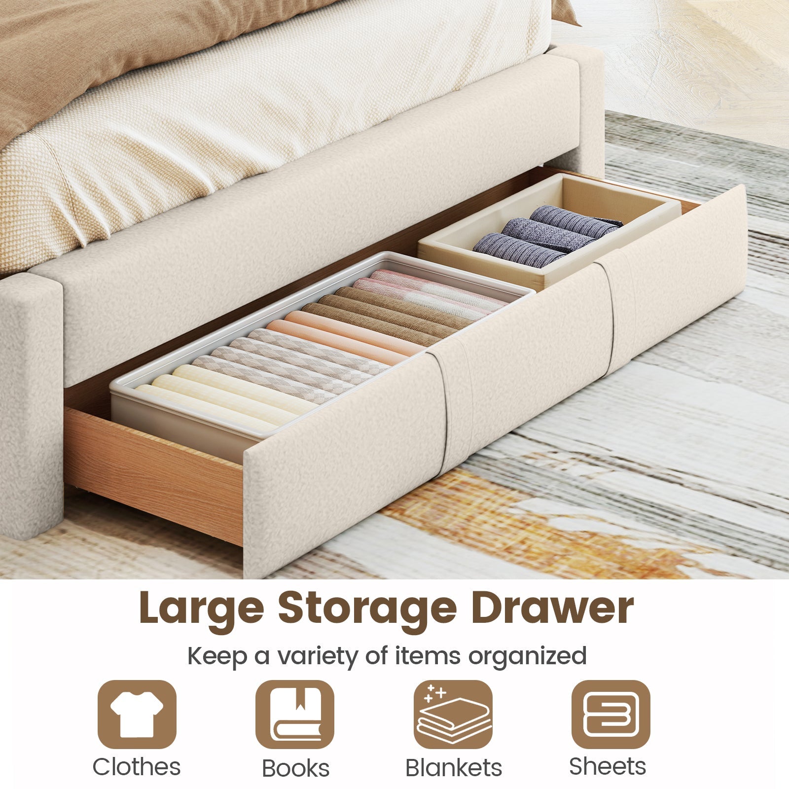Queen Size Bed Frame with Storage Drawer and Vertical Channel Headboard