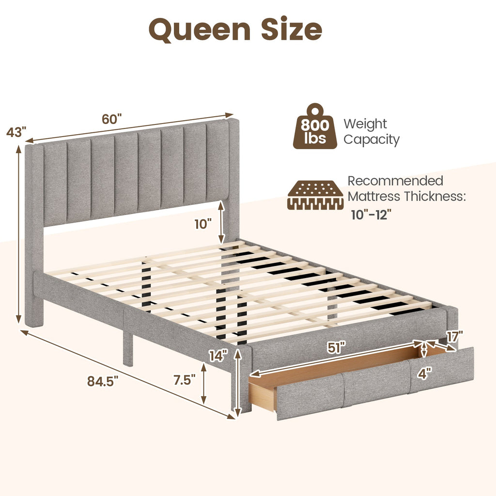 Queen Size Bed Frame with Storage Drawer and Vertical Channel Headboard