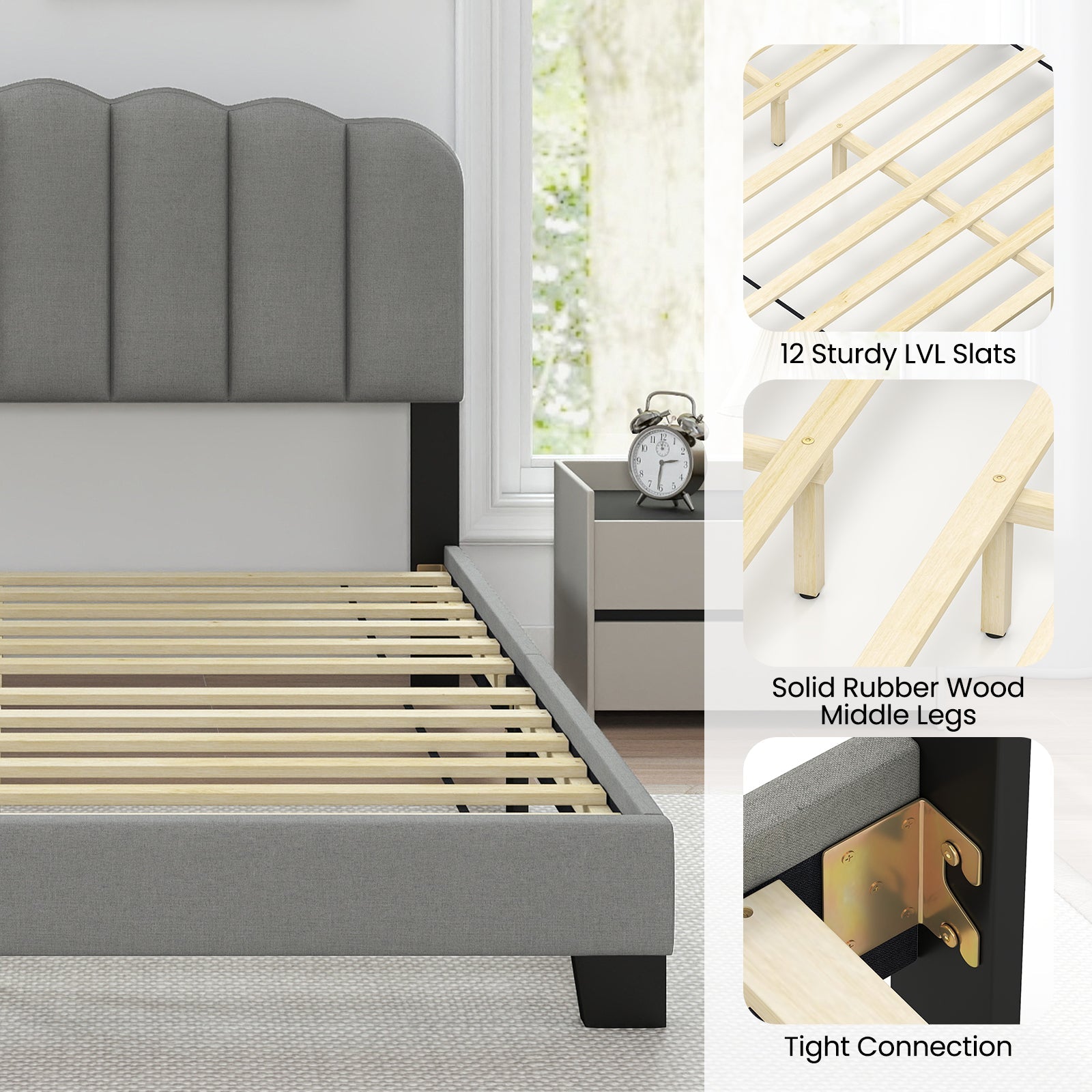 Queen Size Bed Frame with Adjustable Scalloped Tufted Headboard-Queen Size