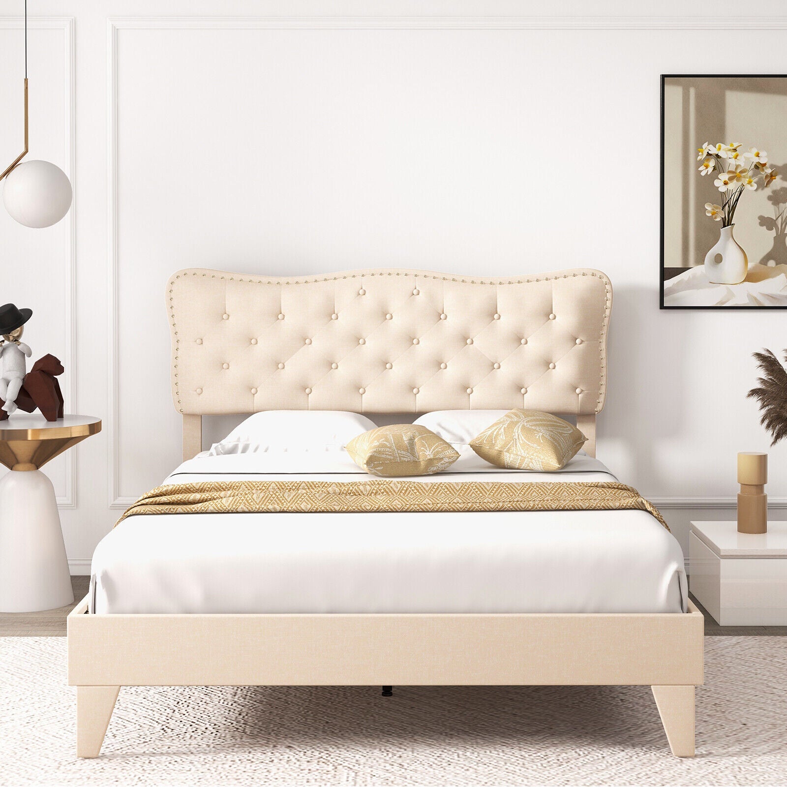 Full Size Bed Frame with Nail Headboard and Wooden Slats