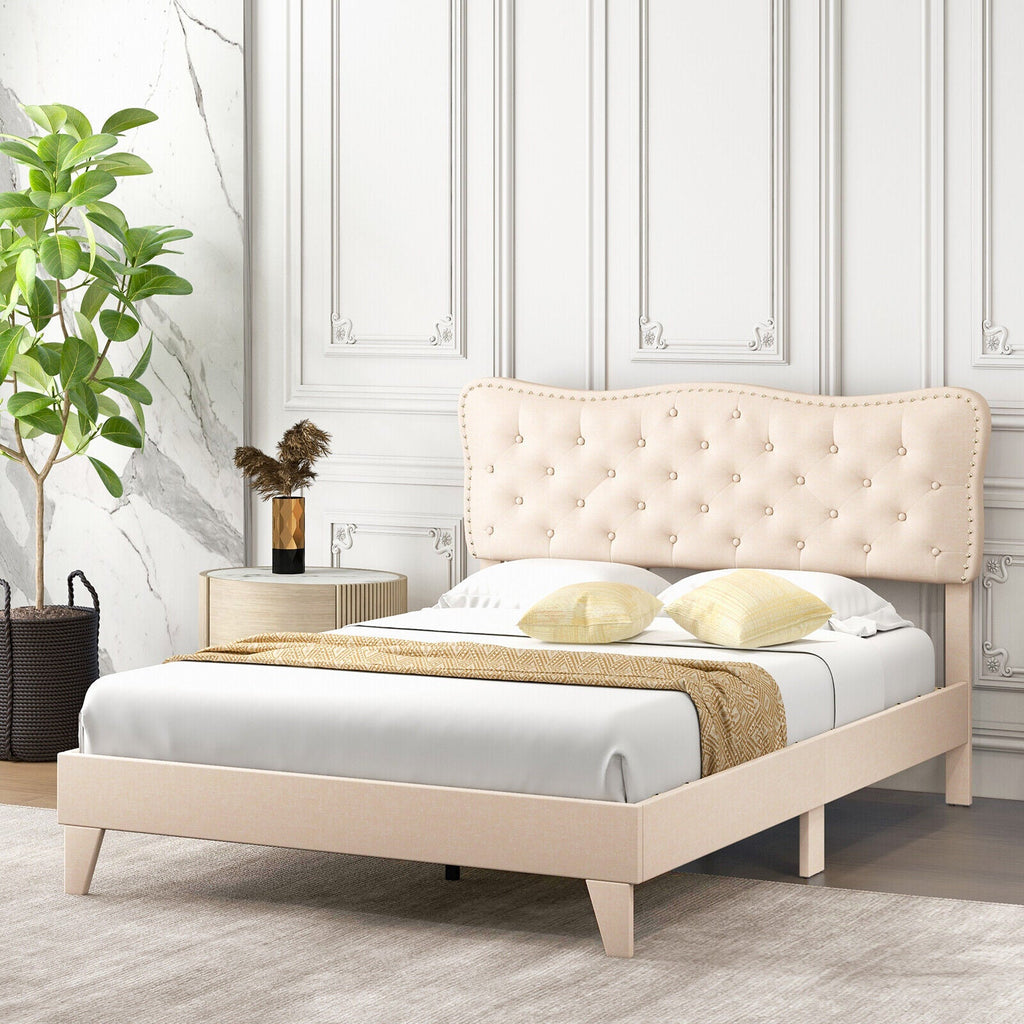 Full Size Bed Frame with Nail Headboard and Wooden Slats