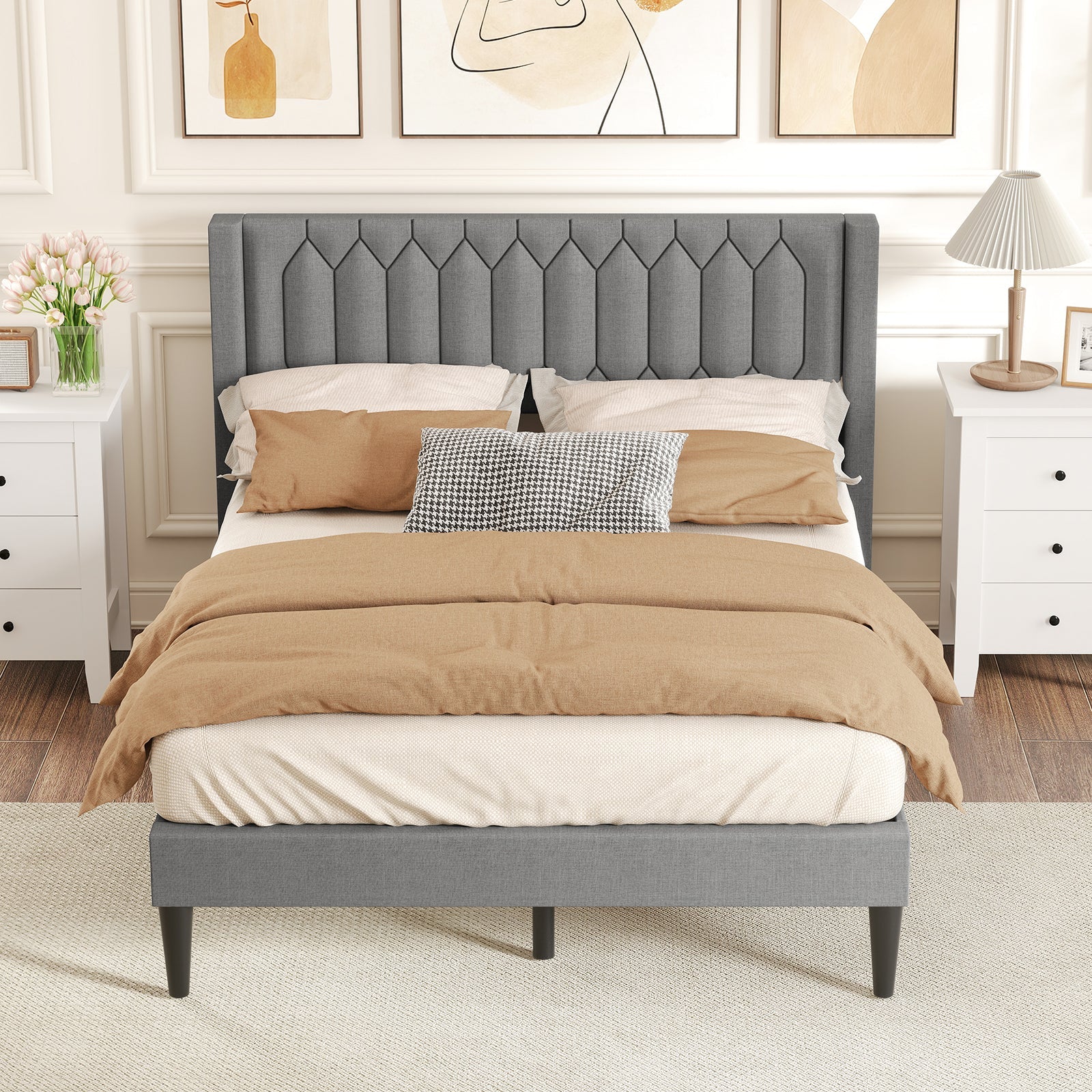Queen Size Dutch Velvet/Linen Fabric Upholstered Platform Bed with Wingback Headboard and Wooden Slat Support