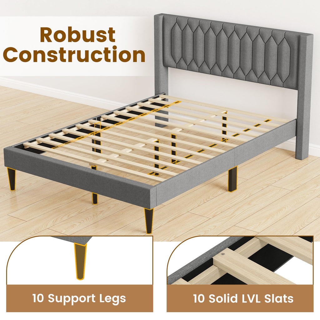 Queen Size Dutch Velvet/Linen Fabric Upholstered Platform Bed with Wingback Headboard and Wooden Slat Support