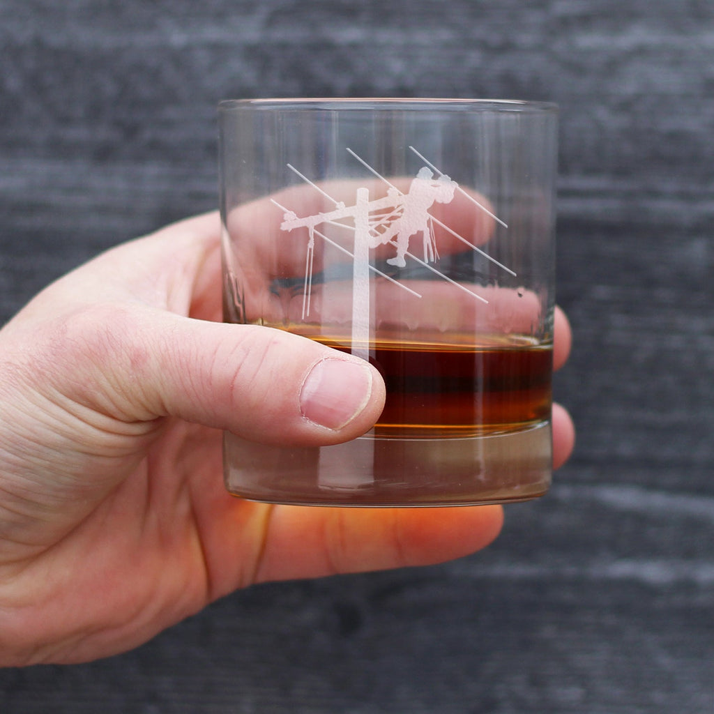 Lineworker Engraved Rocks or Old Fashioned Whiskey Glass, Unique Electrical Themed Gifts for Men and Women who are Lineworkers - 10 oz