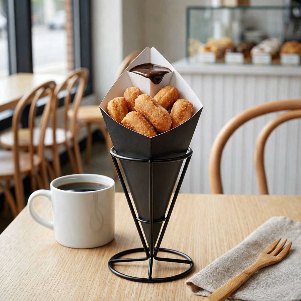 Cone Tek Black Paper Food Cone - with Dipping Pocket - 9 1/2" x 5 1/2" - 100 count box