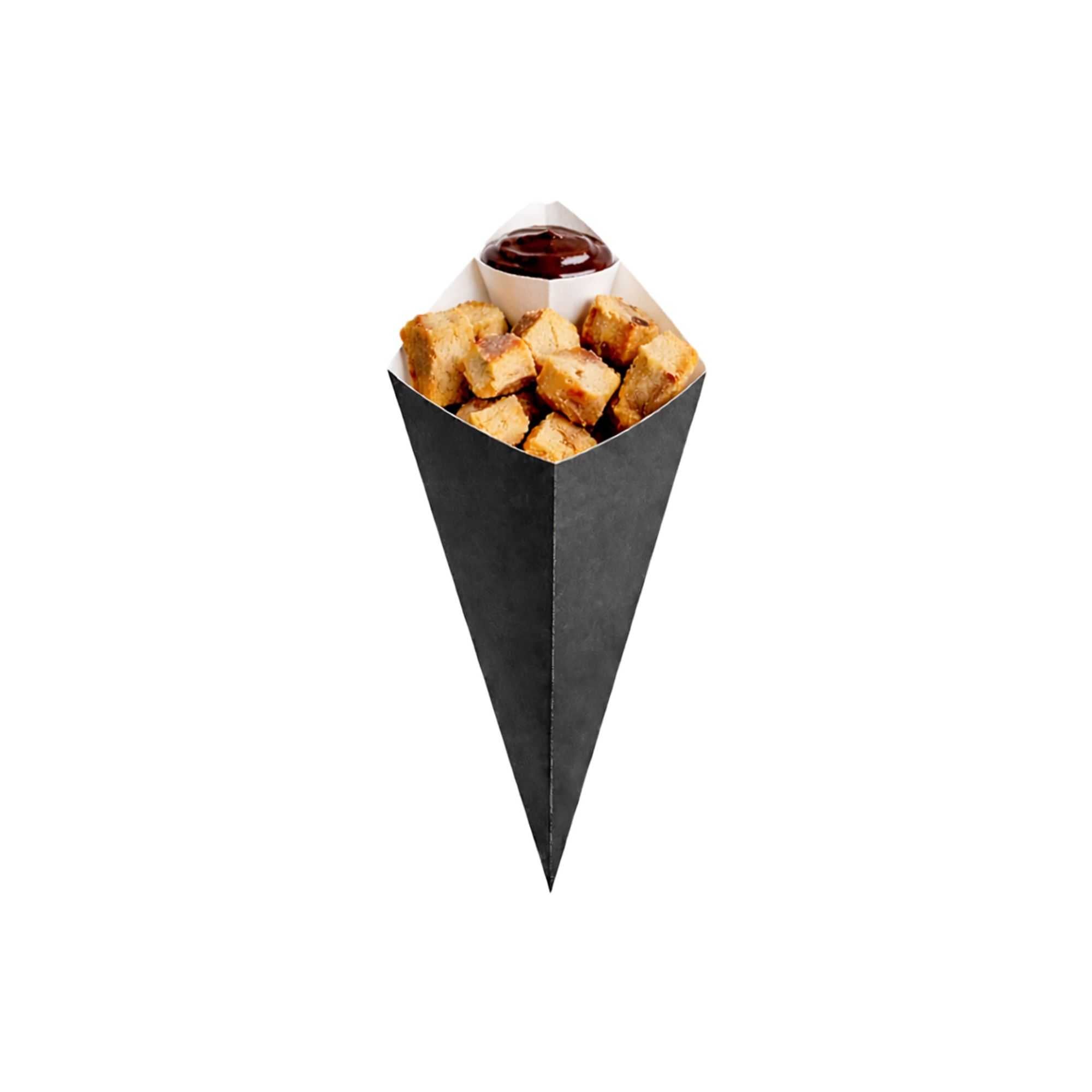 Cone Tek Black Paper Food Cone - with Dipping Pocket - 9 1/2" x 5 1/2" - 100 count box