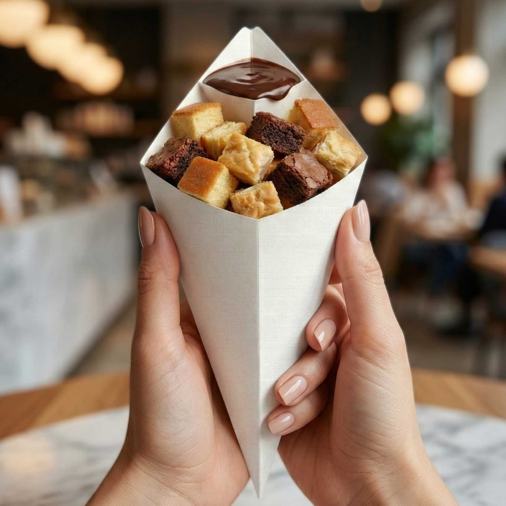 Cone Tek White Paper Food Cone - with Dipping Pocket - 15" x 9" - 100 count box