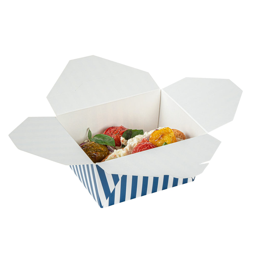 Bio Tek 30 oz Rectangle Blue and White Stripe Paper #1 Bio Box Take Out Container - 5" x 4" x 2 1/2" - 50 count box