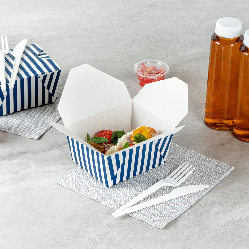 Bio Tek 30 oz Rectangle Blue and White Stripe Paper #1 Bio Box Take Out Container - 5" x 4" x 2 1/2" - 200 count box