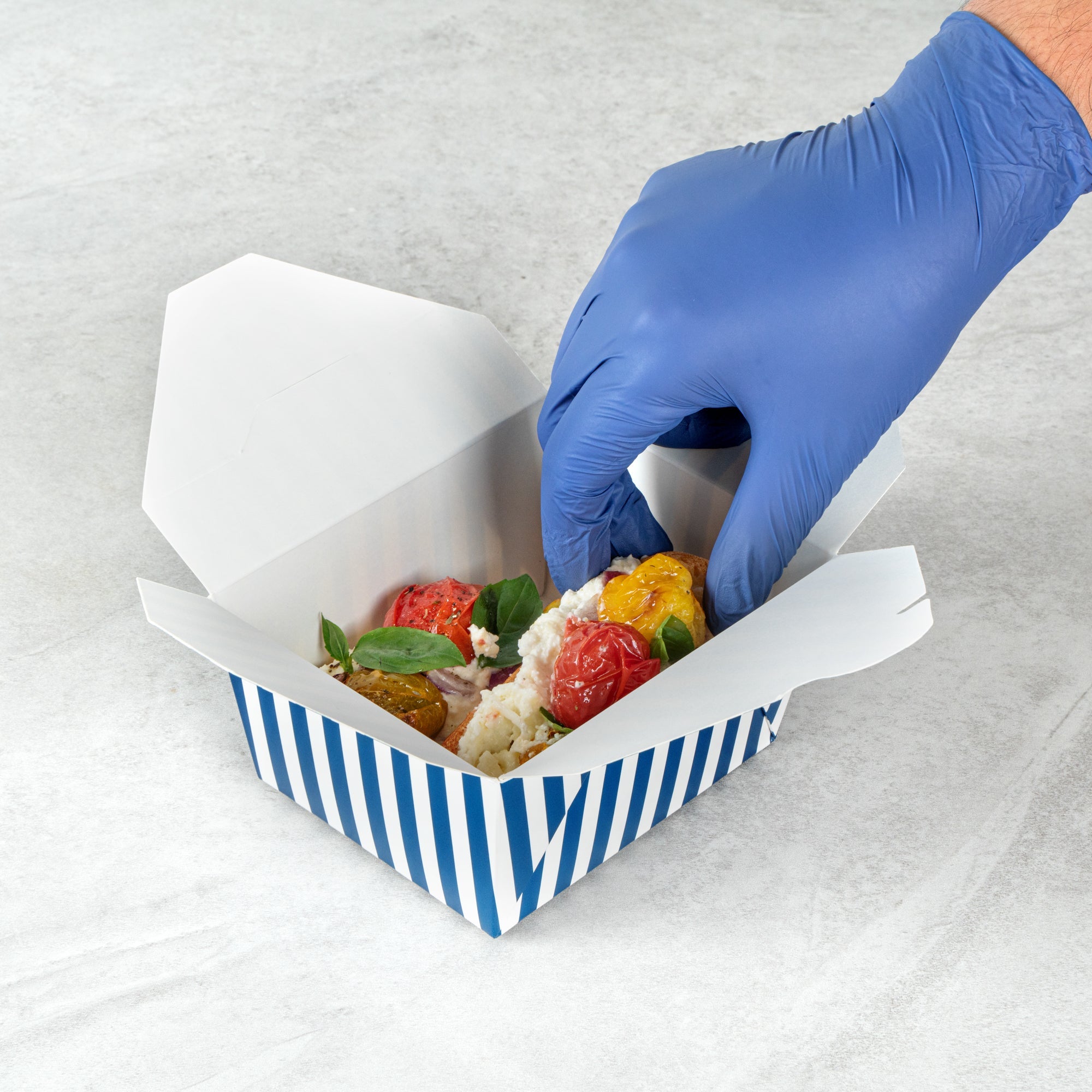 Bio Tek 30 oz Rectangle Blue and White Stripe Paper #1 Bio Box Take Out Container - 5" x 4" x 2 1/2" - 200 count box