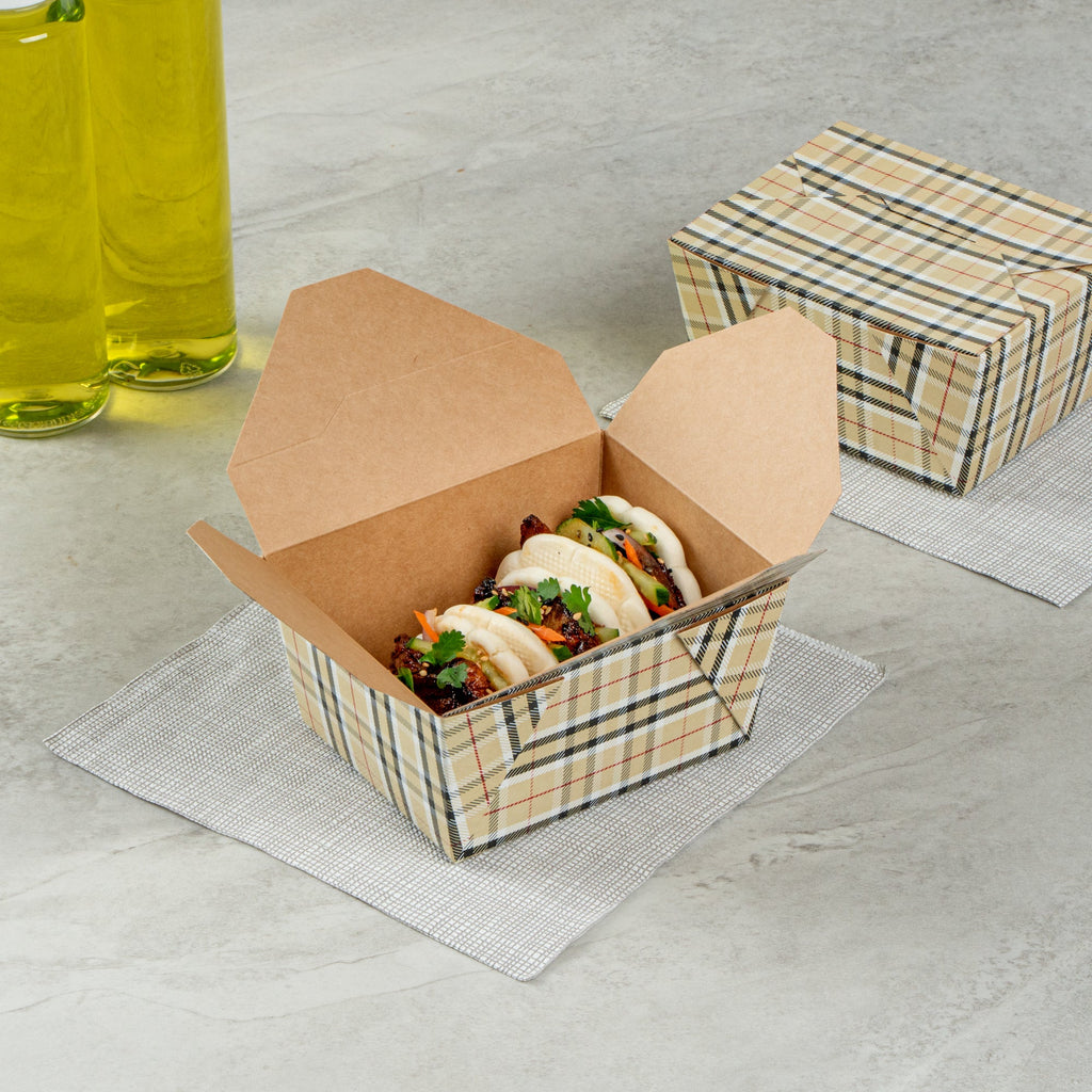 Bio Tek 30 oz Rectangle Plaid Paper #1 Bio Box Take Out Container - 5" x 4" x 2 1/2" - 50 count box