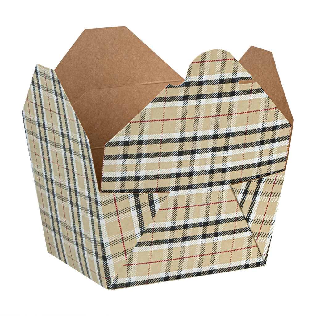 Bio Tek 30 oz Rectangle Plaid Paper #1 Bio Box Take Out Container - 5" x 4" x 2 1/2" - 50 count box
