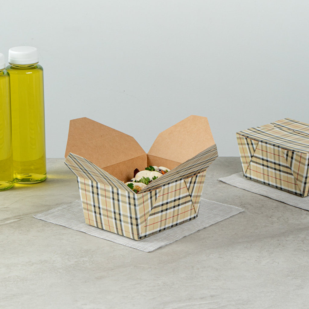 Bio Tek 30 oz Rectangle Plaid Paper #1 Bio Box Take Out Container - 5" x 4" x 2 1/2" - 50 count box