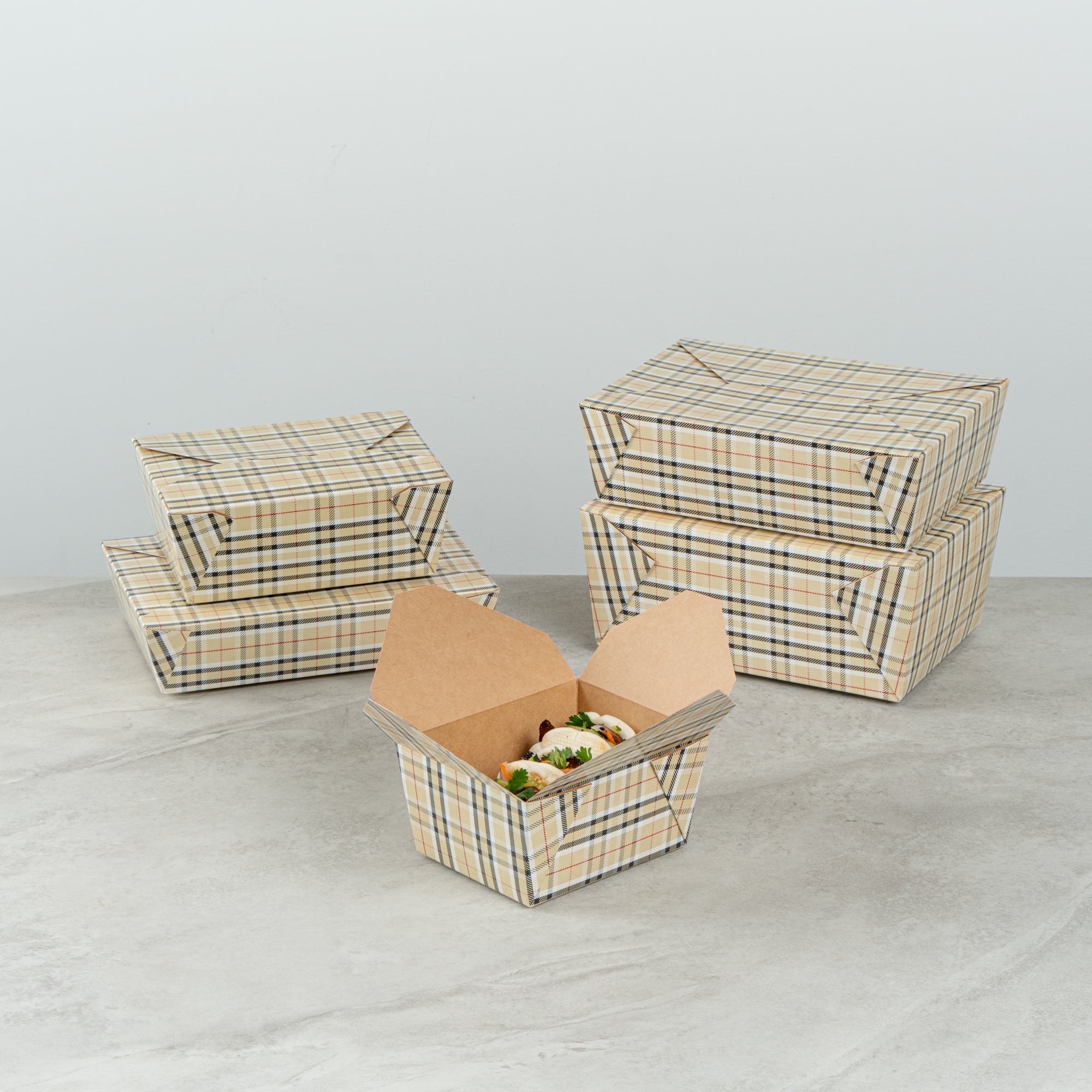 Bio Tek 30 oz Rectangle Plaid Paper #1 Bio Box Take Out Container - 5" x 4" x 2 1/2" - 50 count box