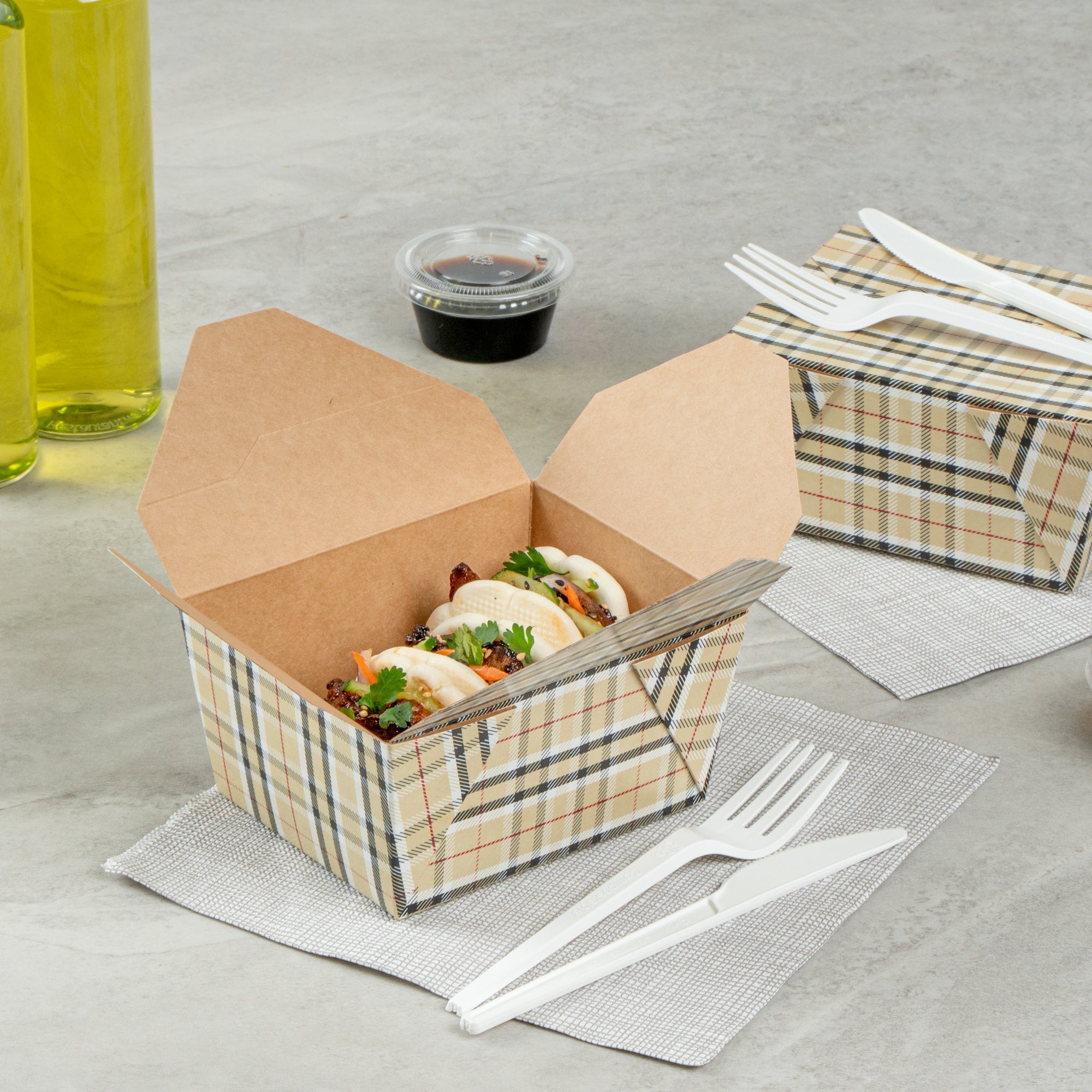 Bio Tek 30 oz Rectangle Plaid Paper #1 Bio Box Take Out Container - 5" x 4" x 2 1/2" - 200 count box