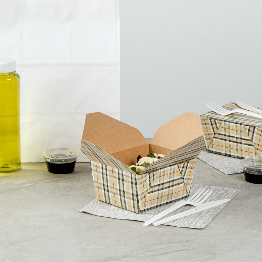 Bio Tek 30 oz Rectangle Plaid Paper #1 Bio Box Take Out Container - 5" x 4" x 2 1/2" - 200 count box