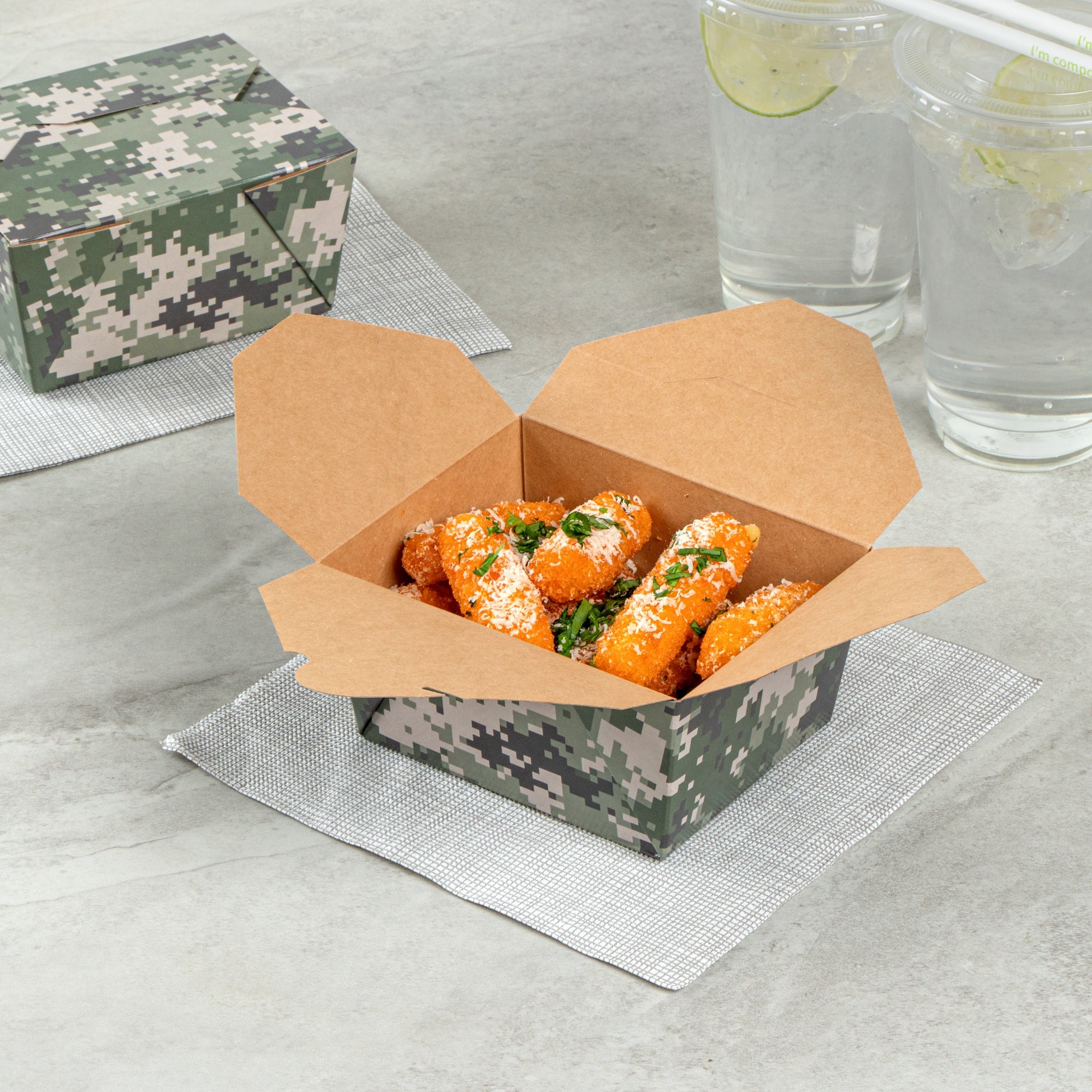 Bio Tek 30 oz Rectangle Camouflage Paper #1 Bio Box Take Out Container - 5" x 4" x 2 1/2" - 50 count box