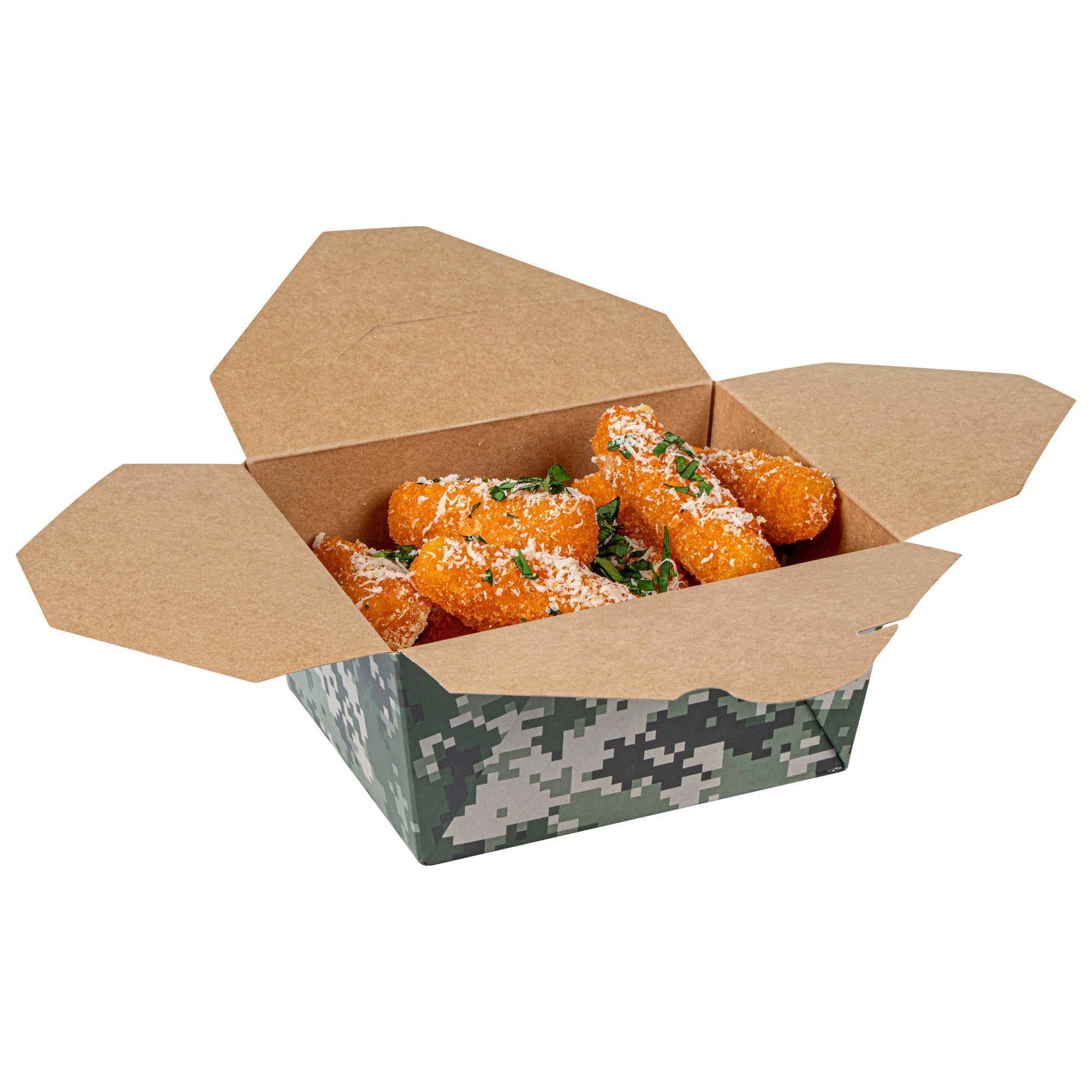 Bio Tek 30 oz Rectangle Camouflage Paper #1 Bio Box Take Out Container - 5" x 4" x 2 1/2" - 50 count box