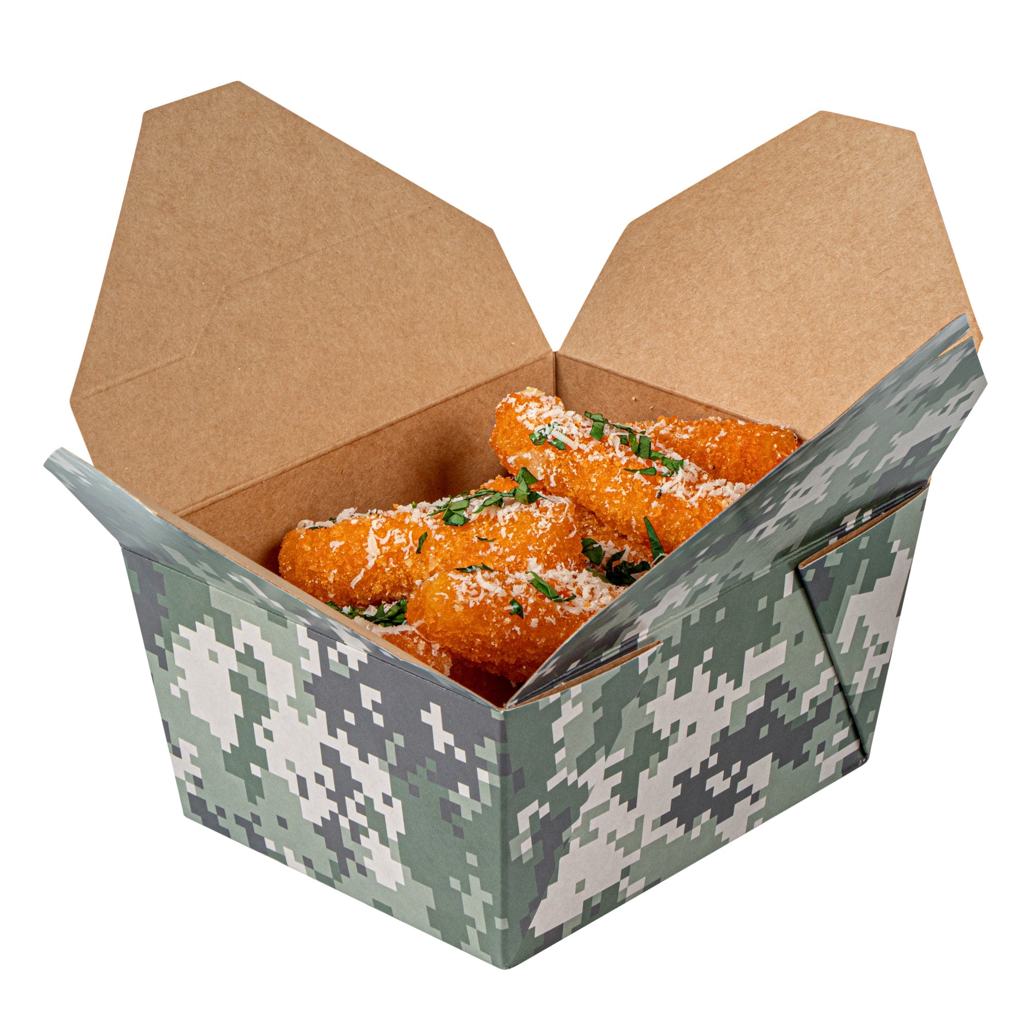 Bio Tek 30 oz Rectangle Camouflage Paper #1 Bio Box Take Out Container - 5" x 4" x 2 1/2" - 50 count box