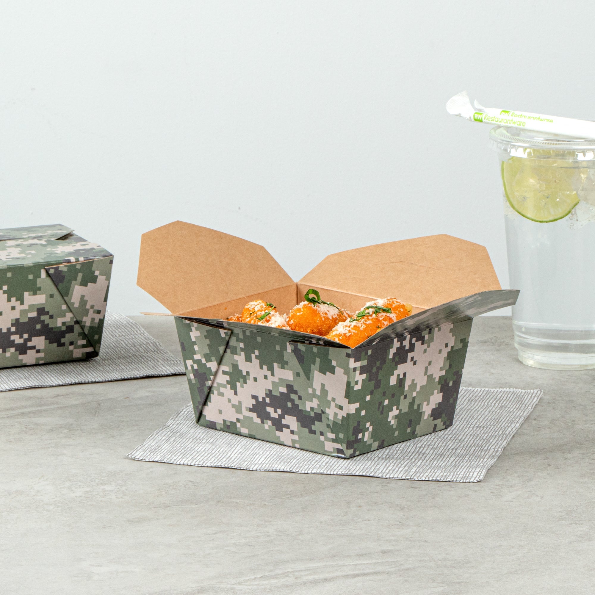 Bio Tek 30 oz Rectangle Camouflage Paper #1 Bio Box Take Out Container - 5" x 4" x 2 1/2" - 50 count box