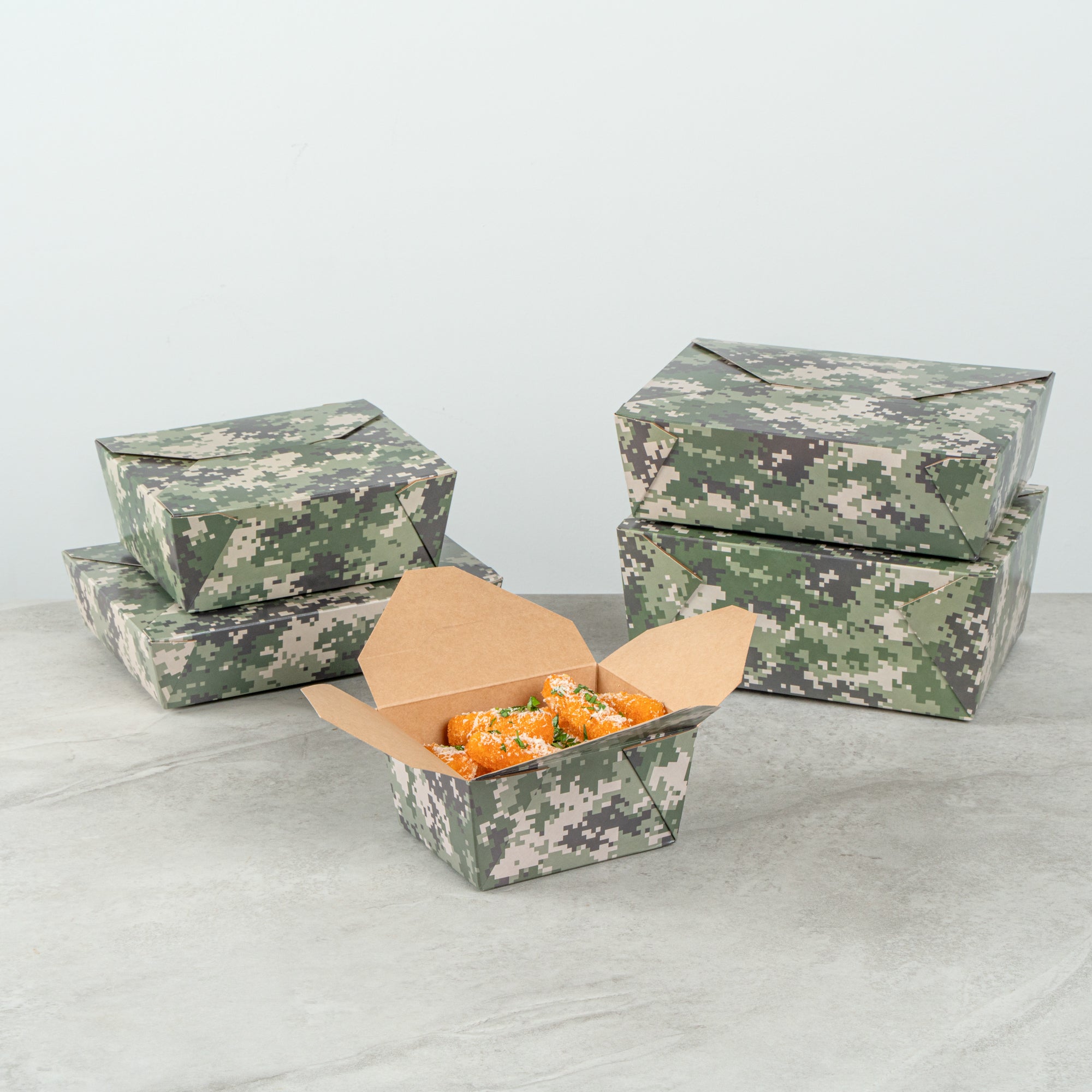 Bio Tek 30 oz Rectangle Camouflage Paper #1 Bio Box Take Out Container - 5" x 4" x 2 1/2" - 50 count box