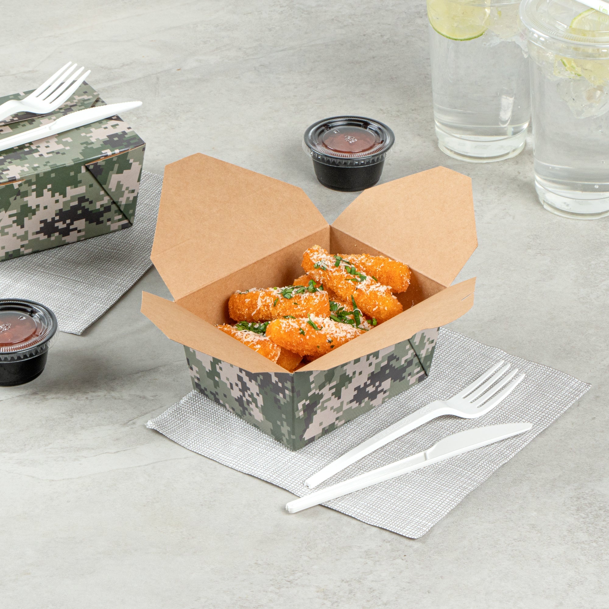 Bio Tek 30 oz Rectangle Camouflage Paper #1 Bio Box Take Out Container - 5" x 4" x 2 1/2" - 200 count box