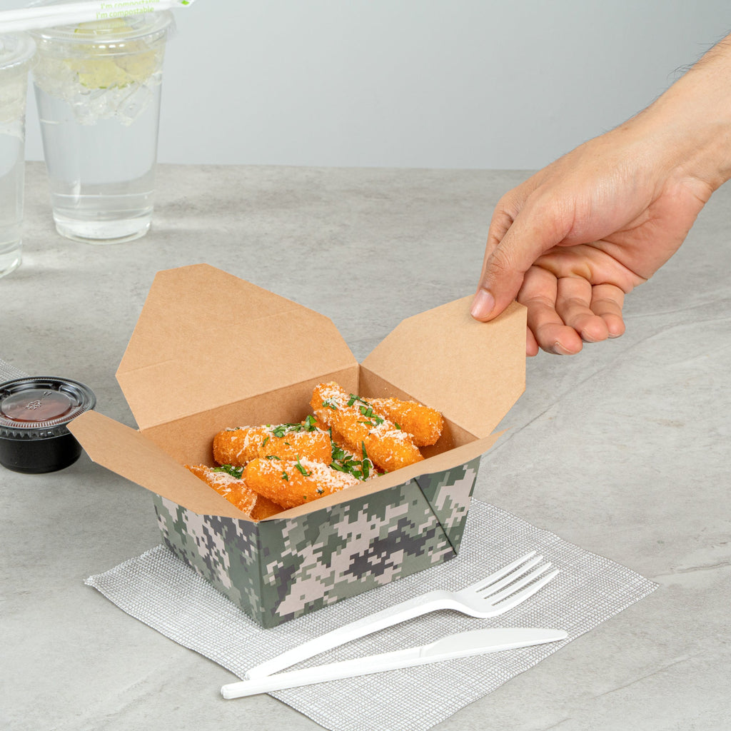 Bio Tek 30 oz Rectangle Camouflage Paper #1 Bio Box Take Out Container - 5" x 4" x 2 1/2" - 200 count box