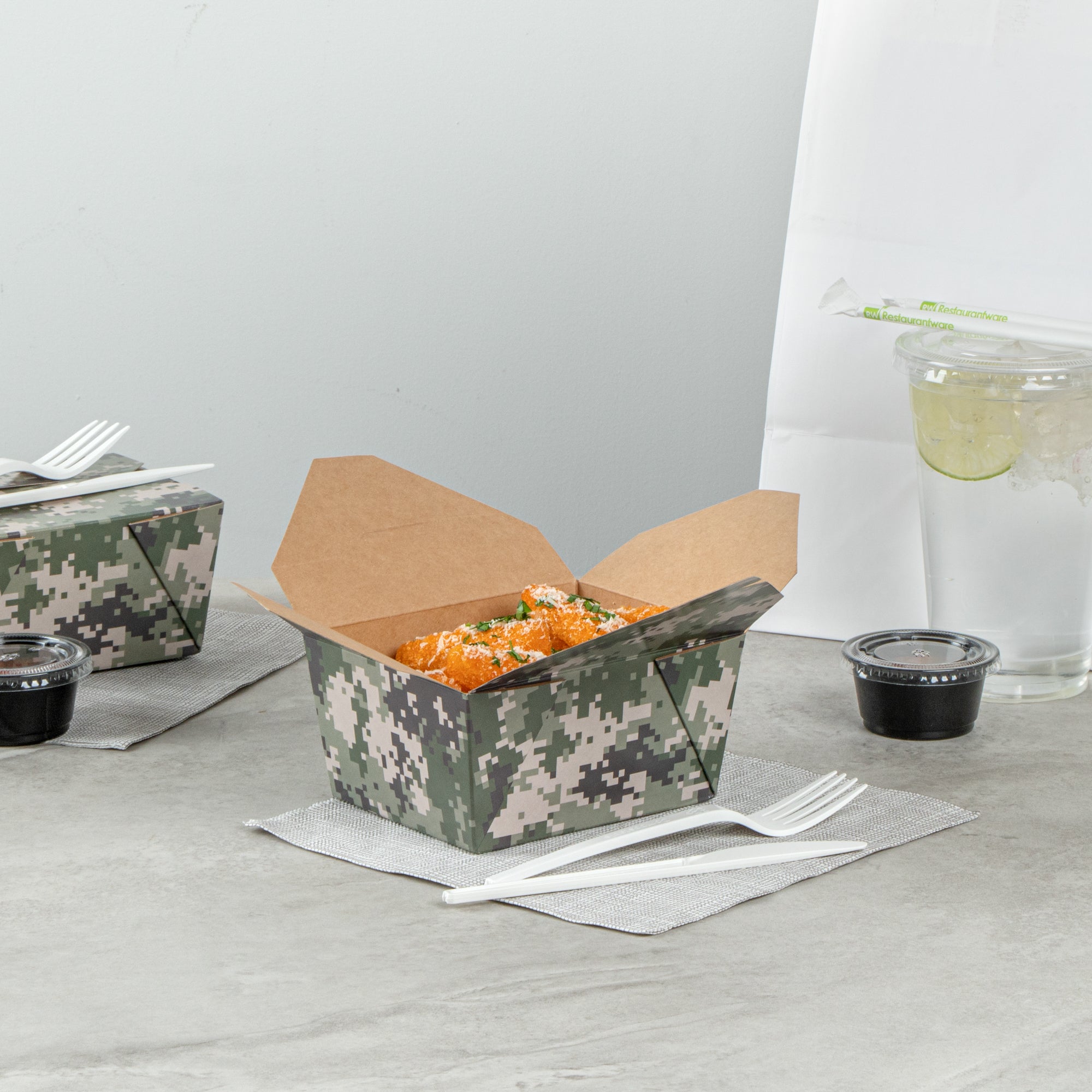 Bio Tek 30 oz Rectangle Camouflage Paper #1 Bio Box Take Out Container - 5" x 4" x 2 1/2" - 200 count box