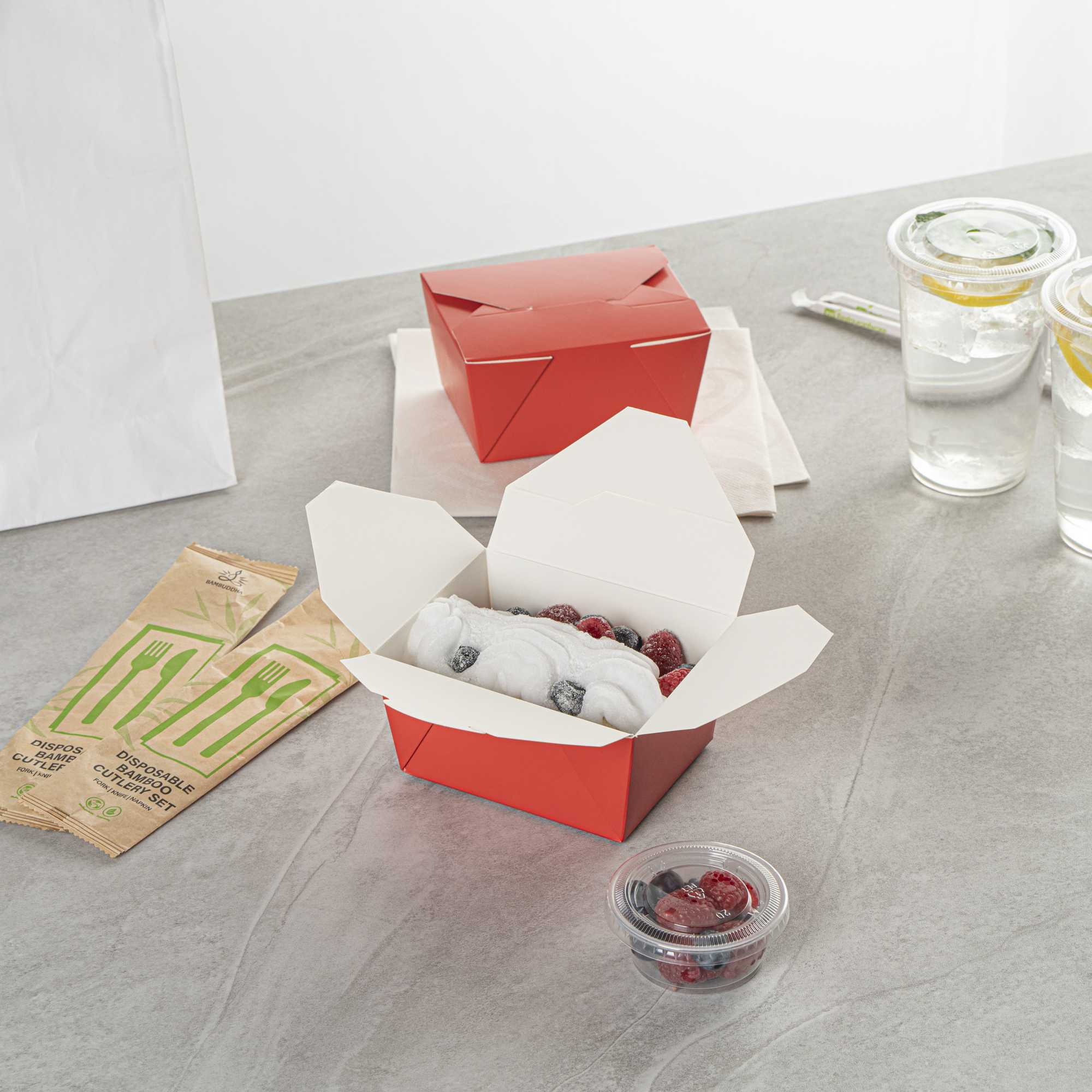 Bio Tek 30 oz Rectangle Red Paper #1 Bio Box Take Out Container - 5" x 4" x 2 1/2" - 50 count box