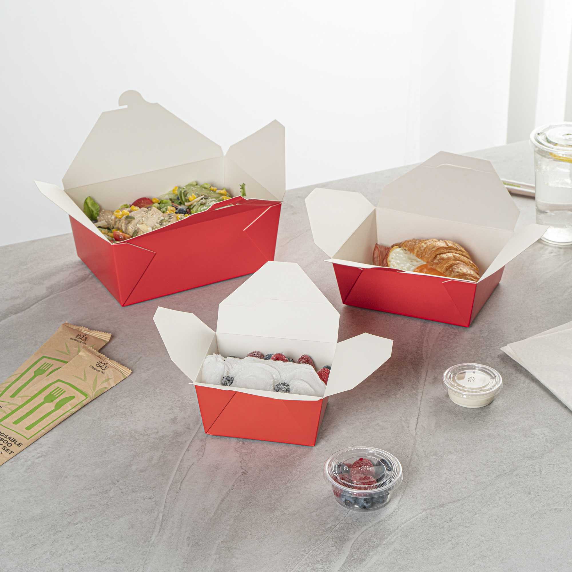 Bio Tek 30 oz Rectangle Red Paper #1 Bio Box Take Out Container - 5" x 4" x 2 1/2" - 50 count box