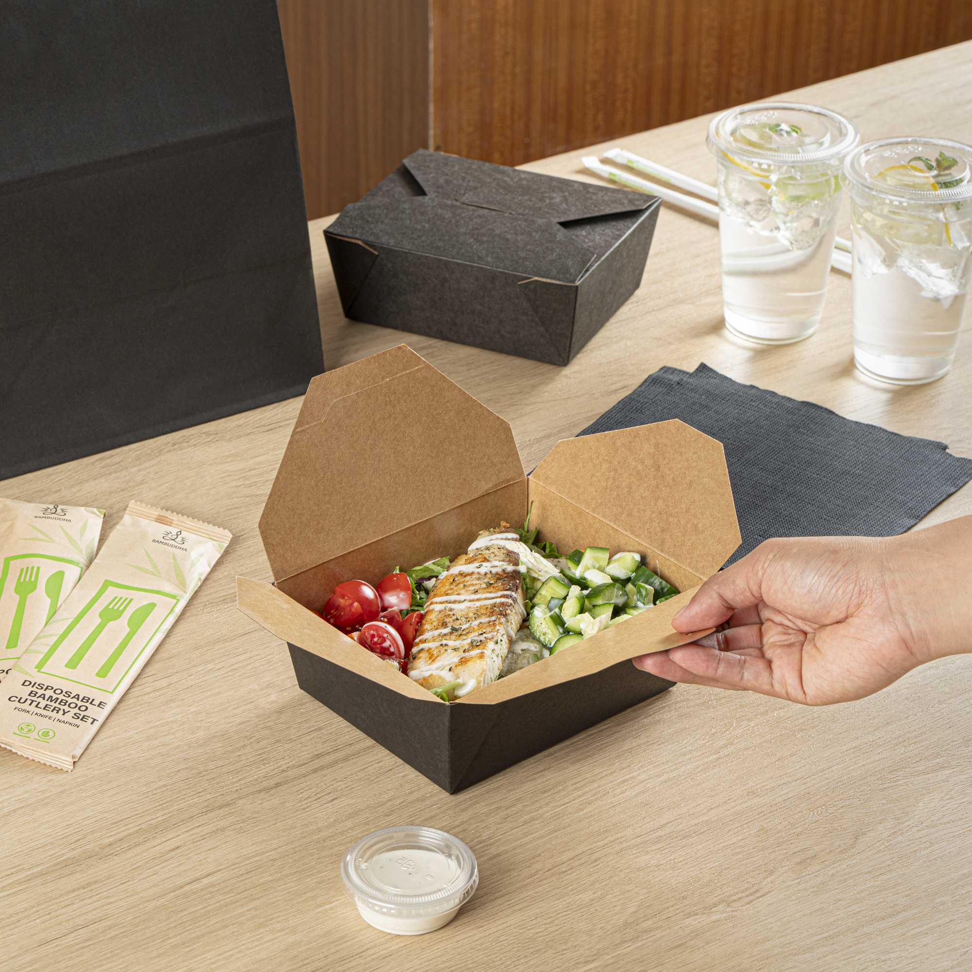 Bio Tek 45 oz Rectangle Black Paper #8 Bio Box Take Out Container - 6 3/4" x 5 1/2" x 2 1/2" - 200 count box