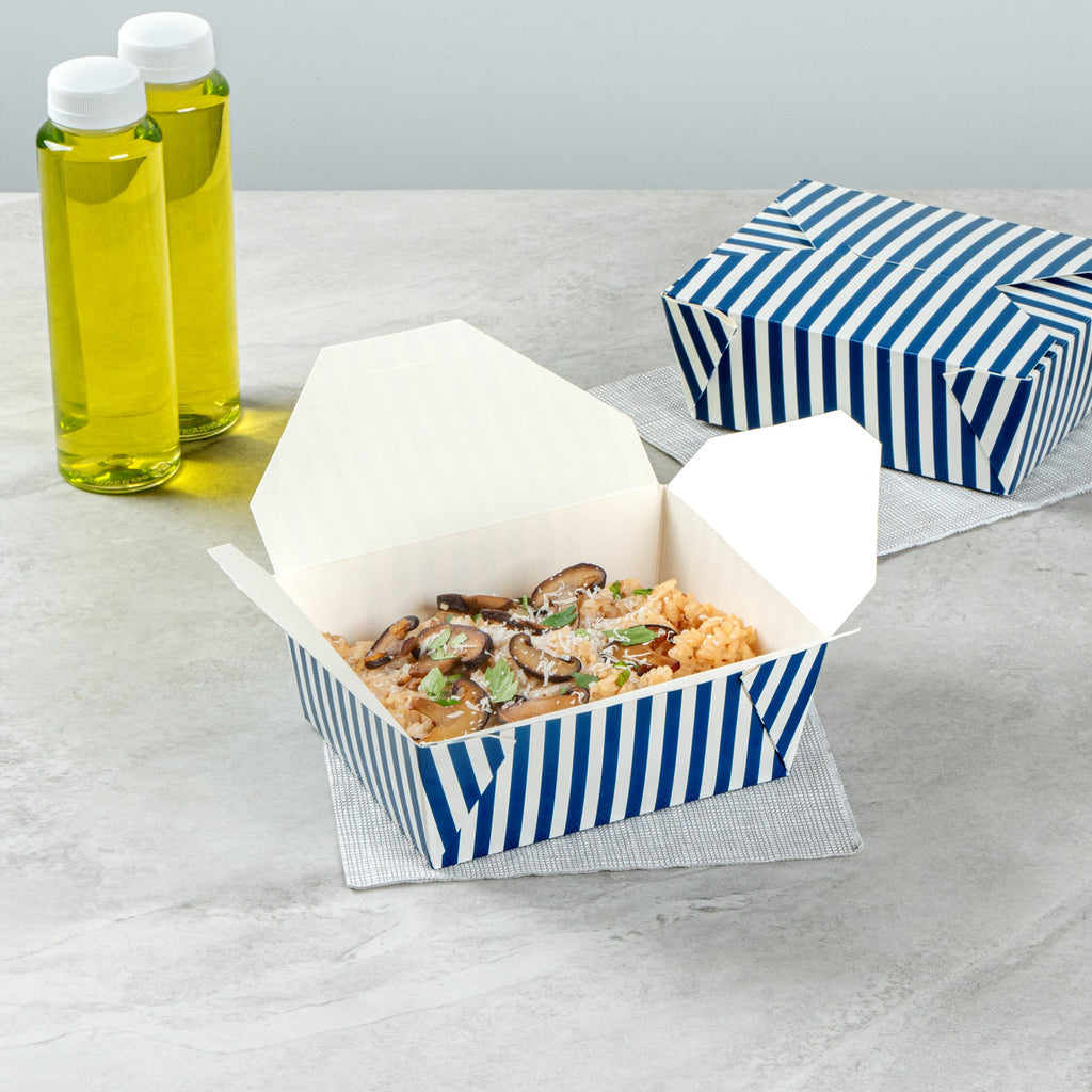 Bio Tek 45 oz Rectangle Blue and White Stripe Paper #8 Bio Box Take Out Container - 6 3/4" x 5 1/2" x 2 1/2" - 200 count box