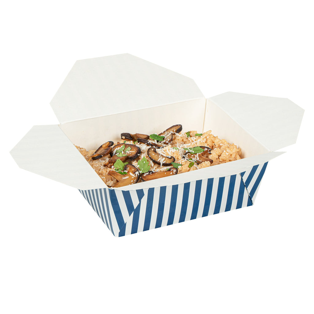 Bio Tek 45 oz Rectangle Blue and White Stripe Paper #8 Bio Box Take Out Container - 6 3/4" x 5 1/2" x 2 1/2" - 200 count box
