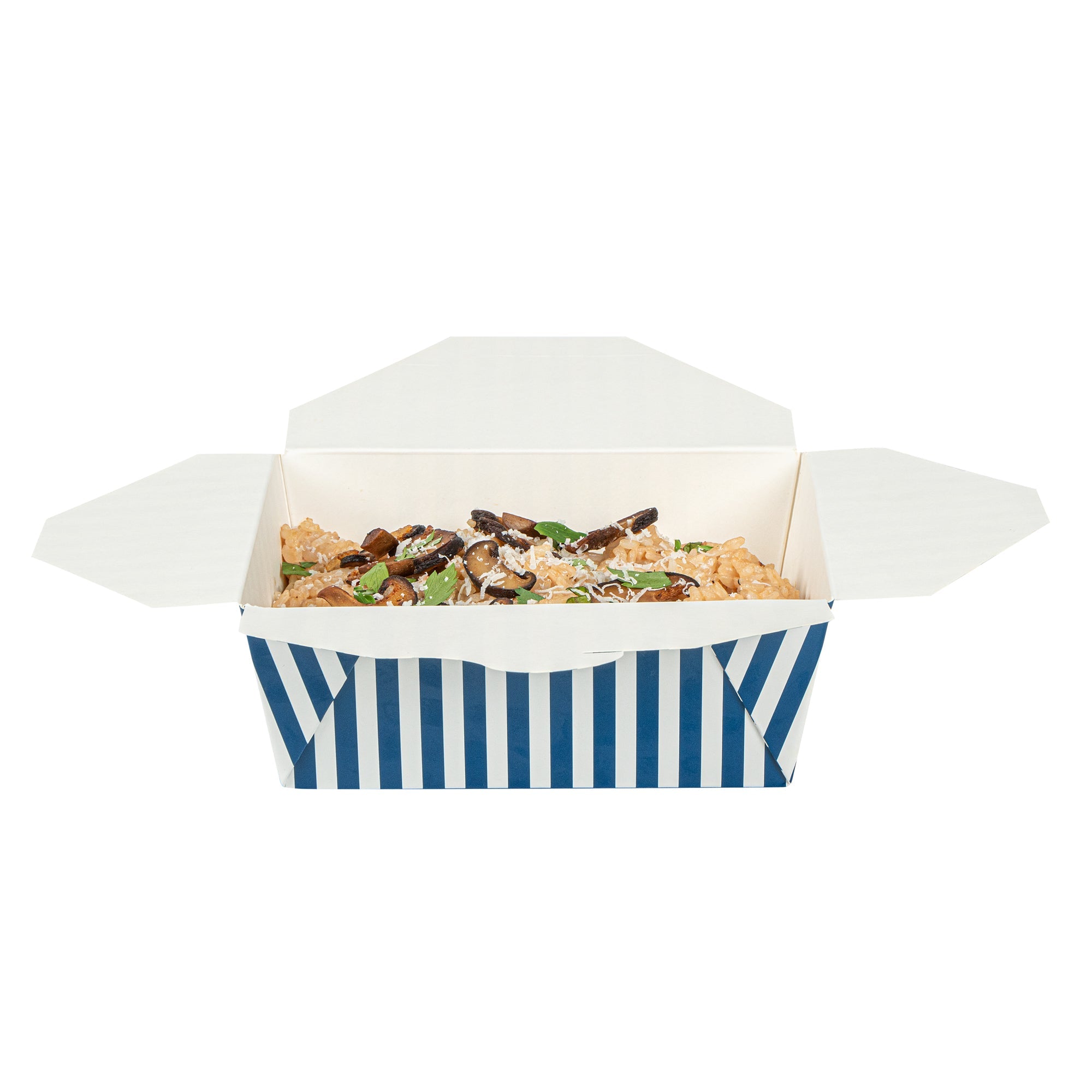 Bio Tek 45 oz Rectangle Blue and White Stripe Paper #8 Bio Box Take Out Container - 6 3/4" x 5 1/2" x 2 1/2" - 200 count box