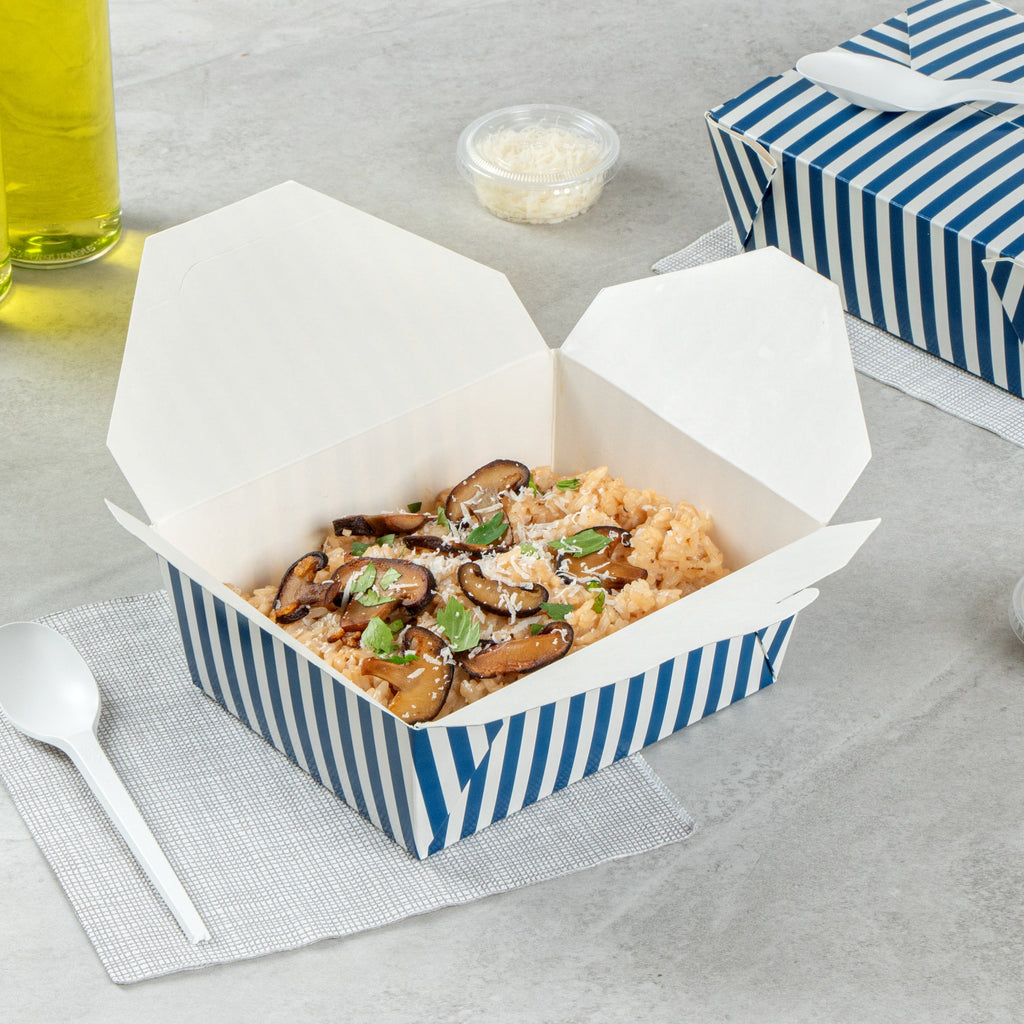 Bio Tek 45 oz Rectangle Blue and White Stripe Paper #8 Bio Box Take Out Container - 6 3/4" x 5 1/2" x 2 1/2" - 200 count box