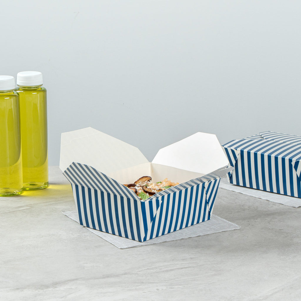 Bio Tek 45 oz Rectangle Blue and White Stripe Paper #8 Bio Box Take Out Container - 6 3/4" x 5 1/2" x 2 1/2" - 200 count box