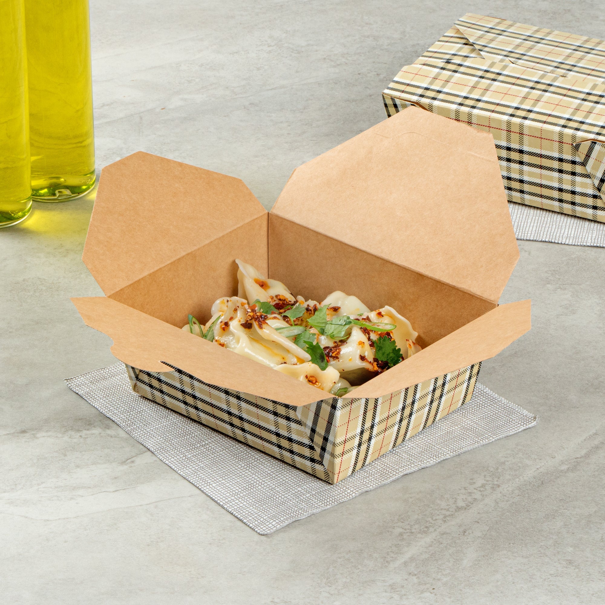 Bio Tek 45 oz Rectangle Plaid Paper #8 Bio Box Take Out Container - 6 3/4" x 5 1/2" x 2 1/2" - 50 count box