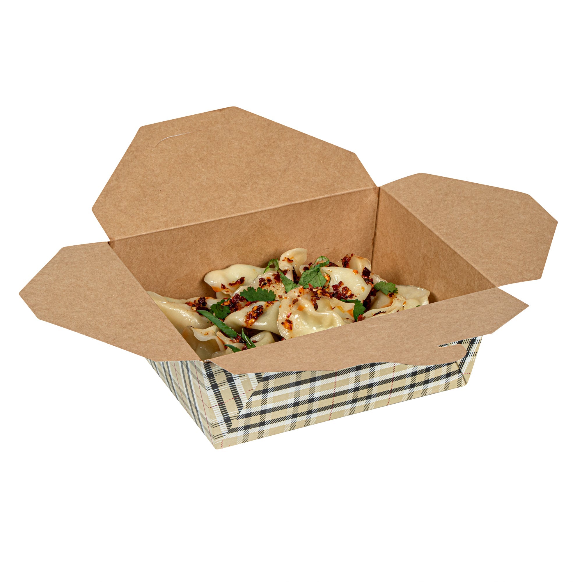 Bio Tek 45 oz Rectangle Plaid Paper #8 Bio Box Take Out Container - 6 3/4" x 5 1/2" x 2 1/2" - 50 count box