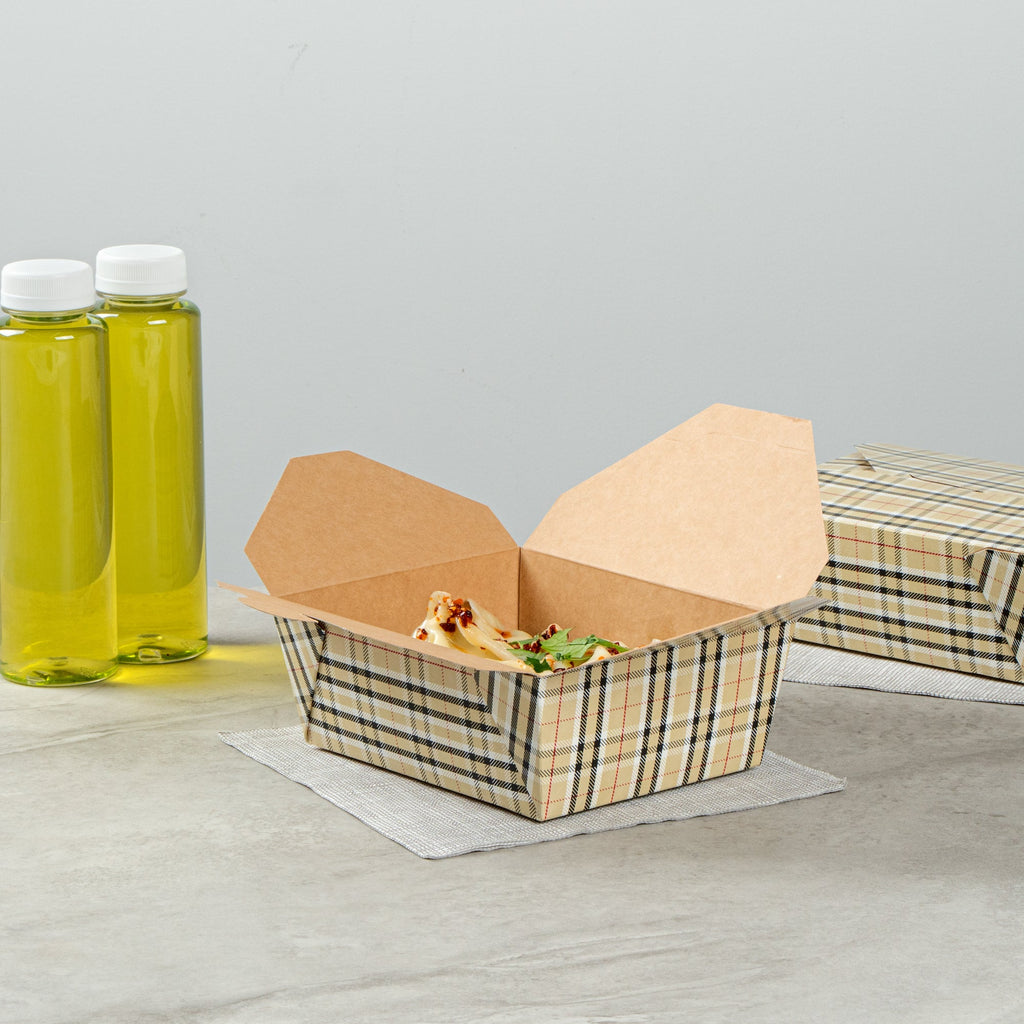 Bio Tek 45 oz Rectangle Plaid Paper #8 Bio Box Take Out Container - 6 3/4" x 5 1/2" x 2 1/2" - 50 count box