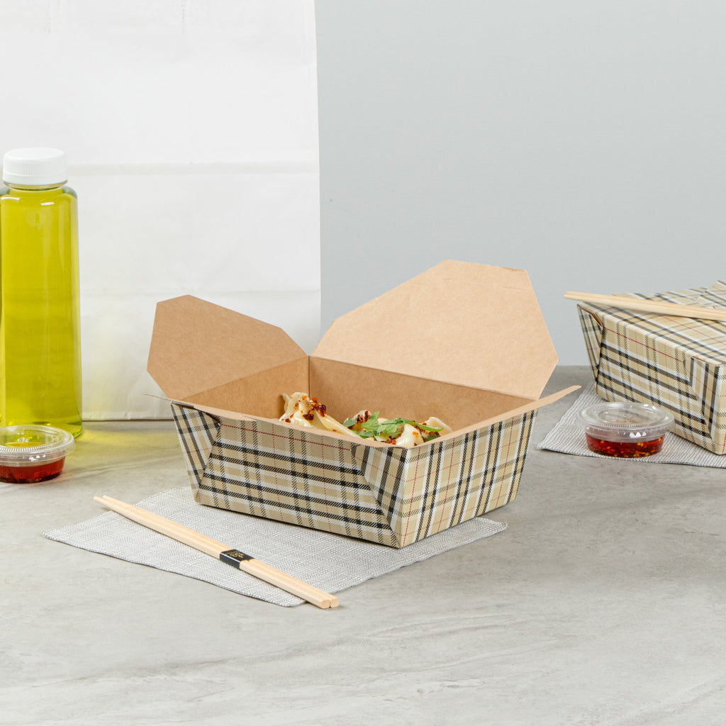 Bio Tek 45 oz Rectangle Plaid Paper #8 Bio Box Take Out Container - 6 3/4" x 5 1/2" x 2 1/2" - 50 count box