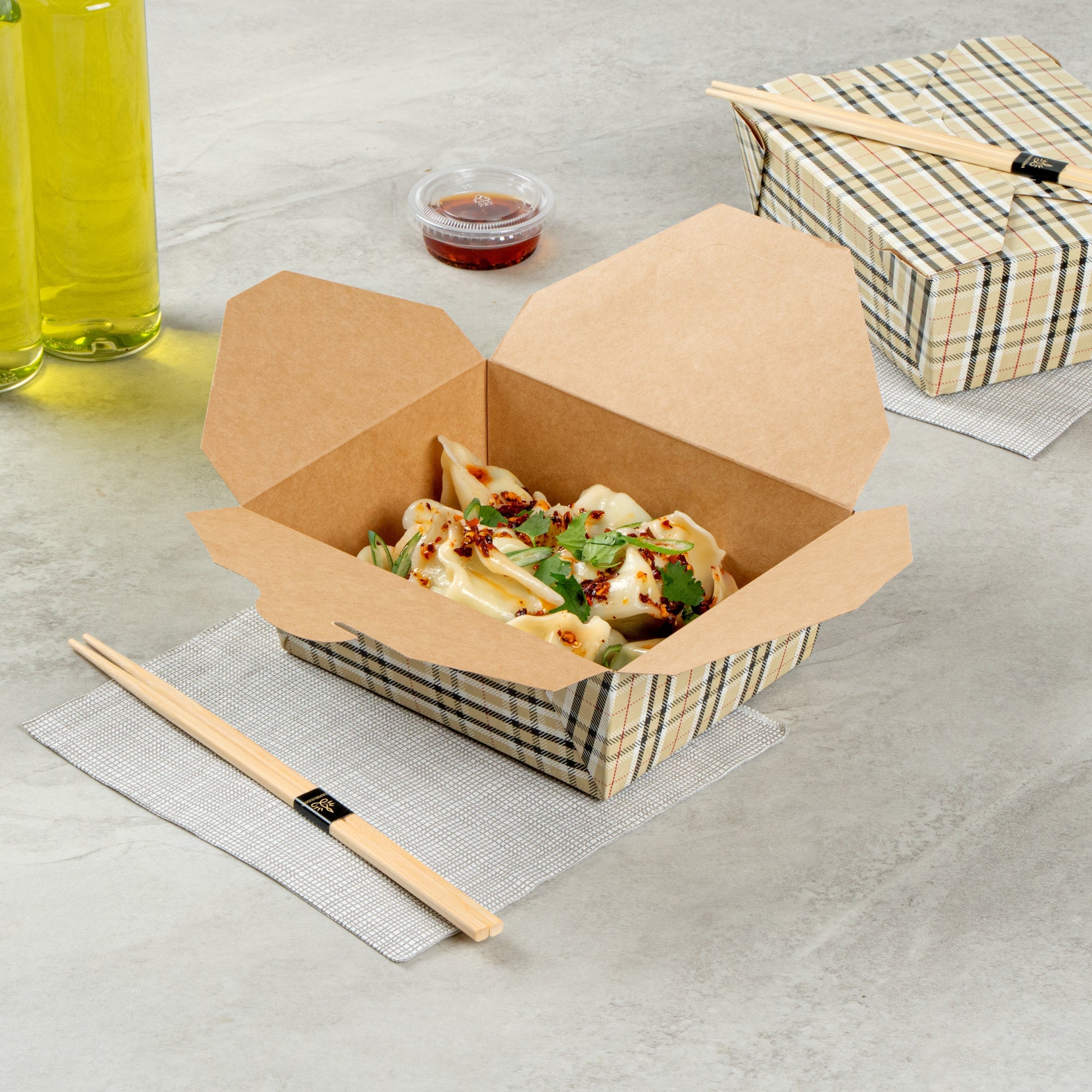 Bio Tek 45 oz Rectangle Plaid Paper #8 Bio Box Take Out Container - 6 3/4" x 5 1/2" x 2 1/2" - 200 count box
